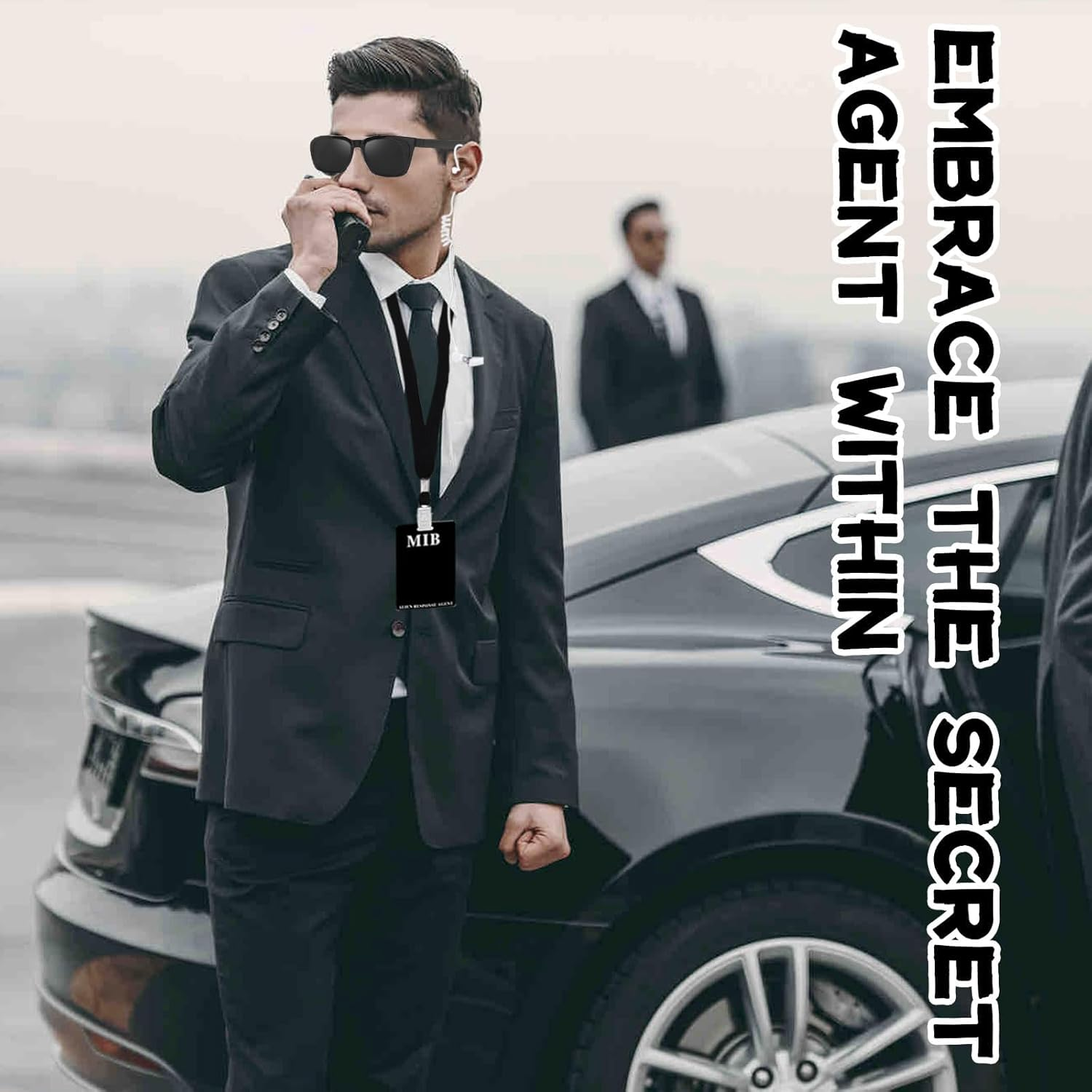 4Pcs Agent Costume Accessories Set, Secret Agent Fancy Dress Kit with ID Card Prop Lanyard Fake Earpiece Ziptie Black Frame Sunglasses for Adults Carnival Halloween Cosplay Dress up Party image number 5