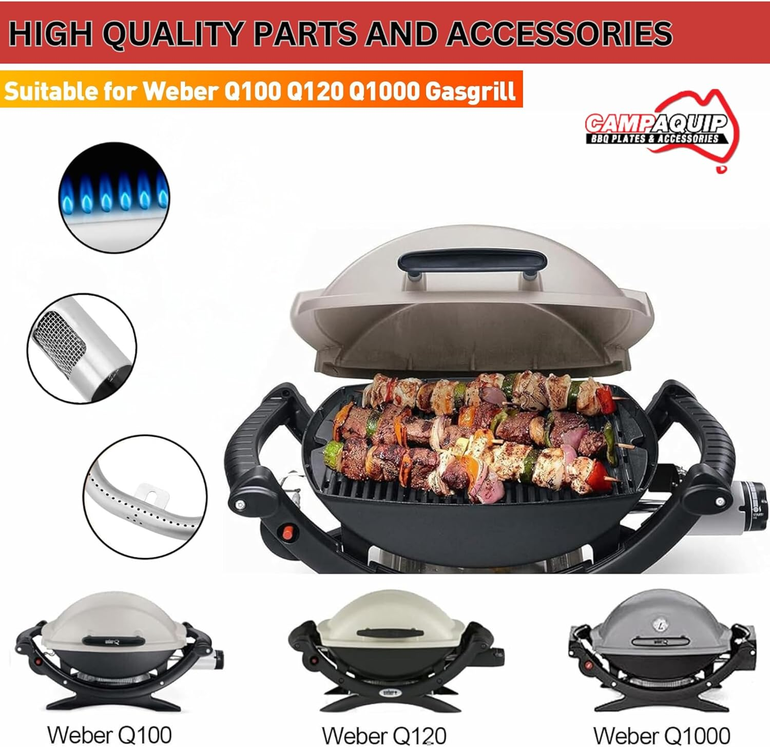 CAMPAQUIP Stainless Steel Grill Burner Replacement for Weber Baby Q Series Q100 Q120 Q1000 Q1200 P Shaped Mega Flame Burner (NOT for N Series) image number 1