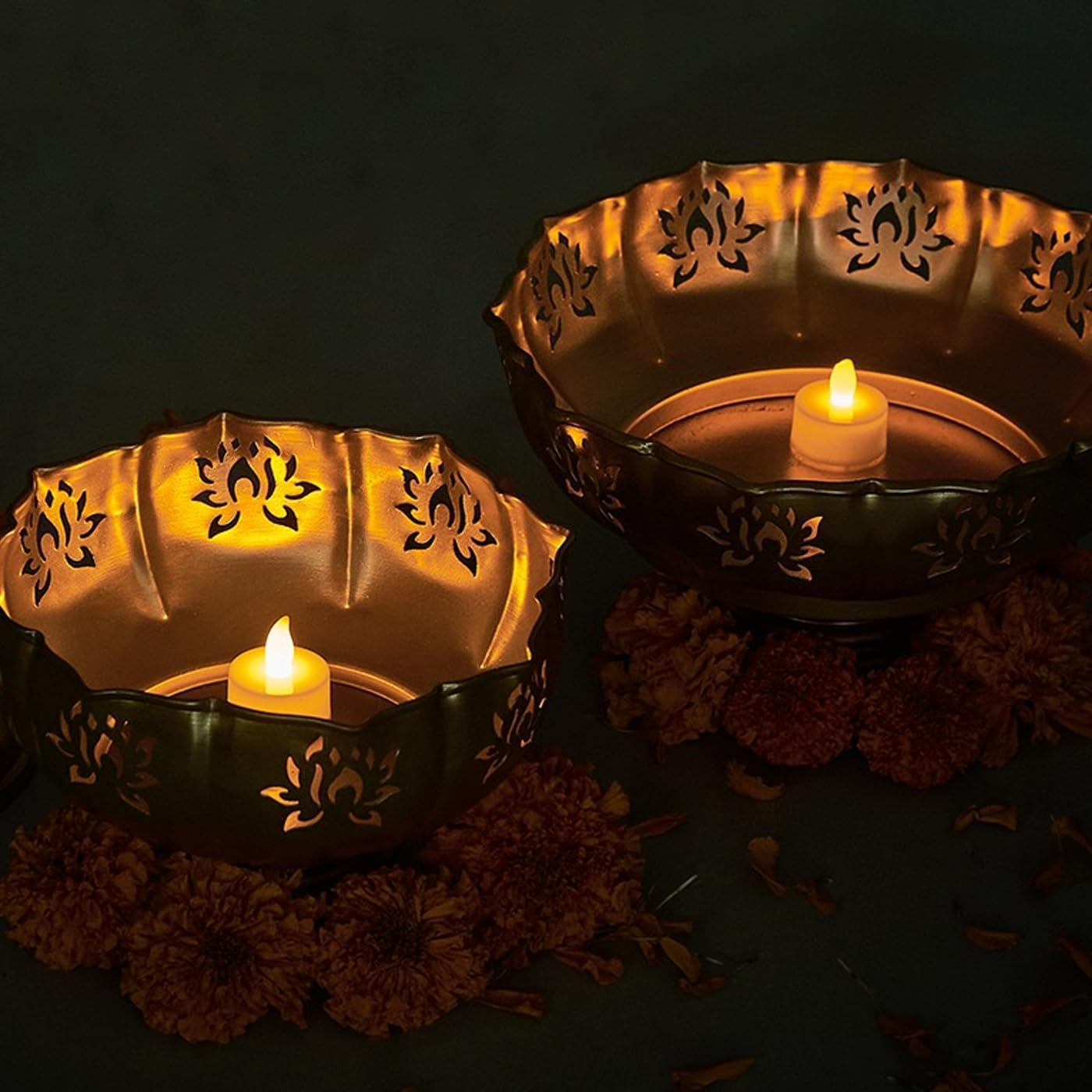 TIED RIBBONS Lotus Urli Metal Bowl for Decor | Iron | Set of 2 | 10, 12 Inch | Urlis for Decoration, Diwali Decor | Urli Bowl for Floating Flowers, Tea Light Candle, Home, Diwali Decorations image number 2