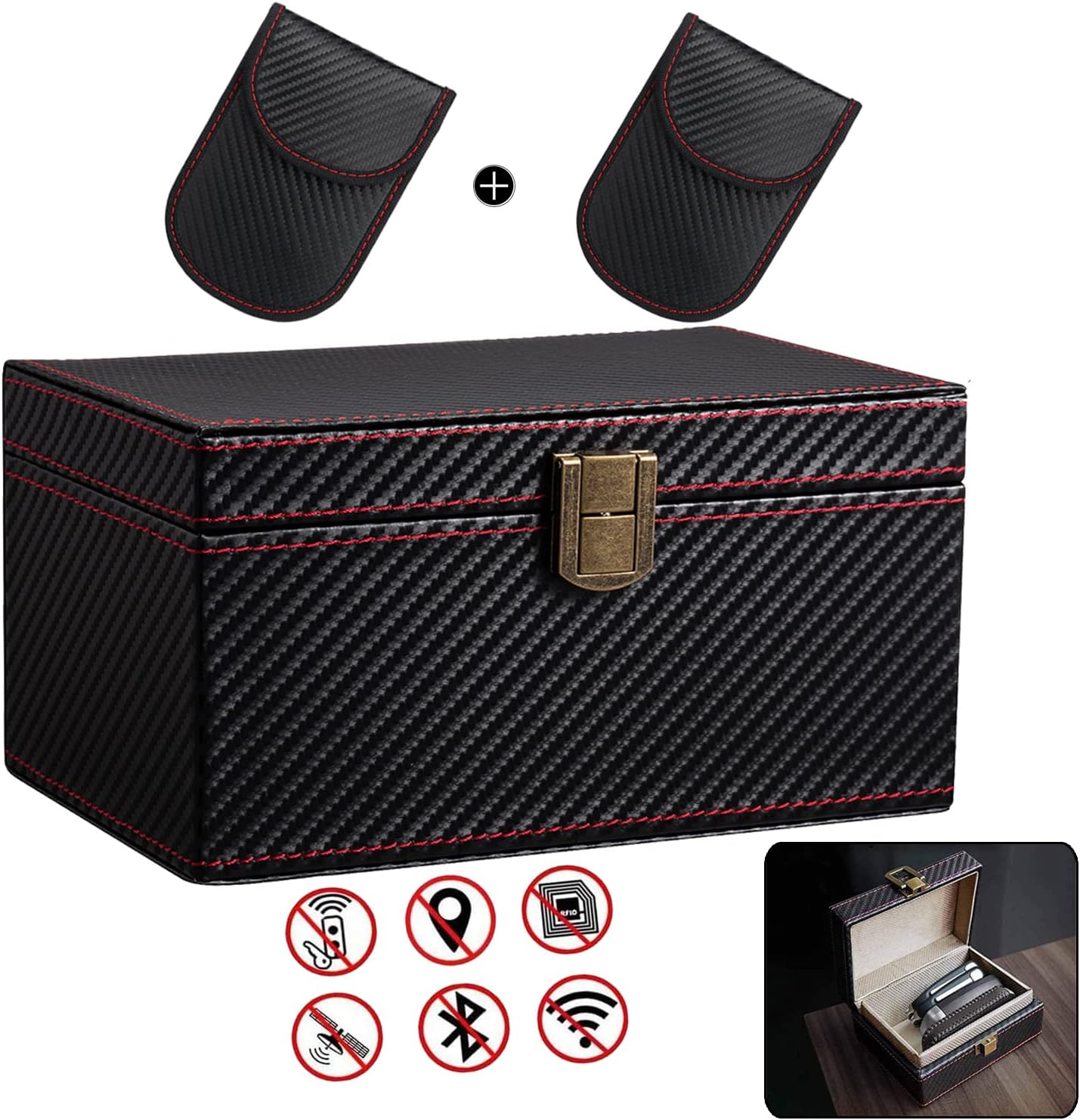 Faraday Box for Car Keys and 2 Pcs Key Fob Signal Blocking Pouch Set Faraday Bag for Key Fob Protector Box & Carbon Fiber Car Key Signal Blocker Pouch for Car Theft Prevention(Big Box+2 Shielding Bag)