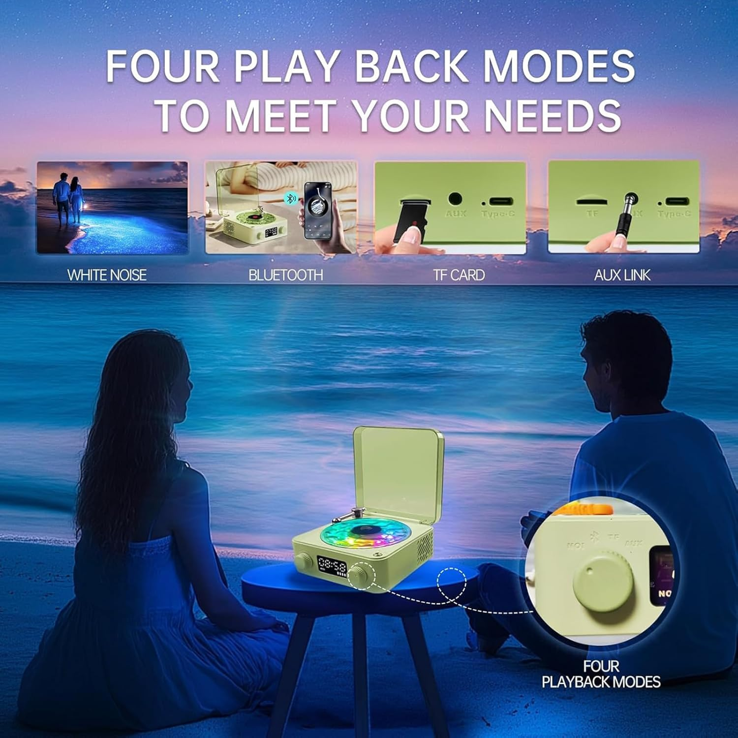 Jiawu the Waves Player, Waves Bluetooth Speaker, Creative Vintage Record Player Style Speaker with Adjustable Ambient Light for Bedroom, Ocean Sound White Noise Wave Speaker (Green) - Roseate image number 6