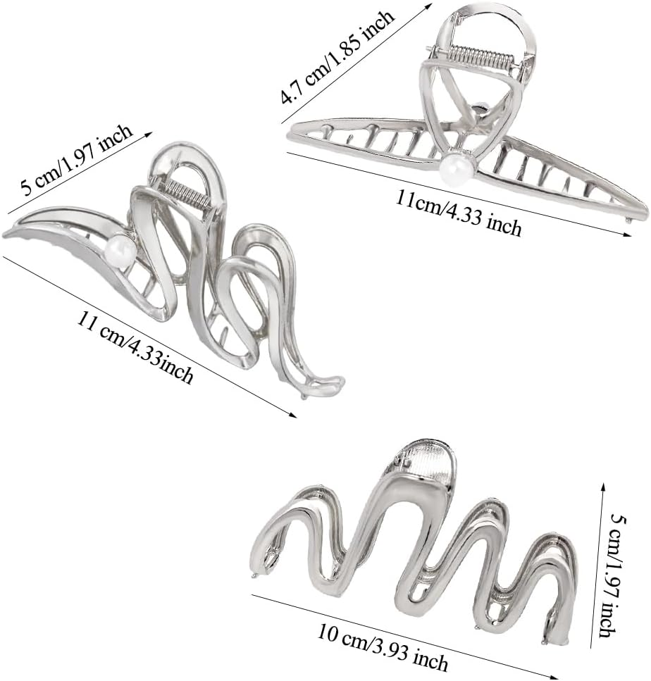 3 Pack Hair Claw Clips for Thick Long Hair, Silver Metal Wave Cross with Peal Big Jaw Clamps Hair Accessories for Women, Fashion Elegant Aesthetics Variety Hairgrip Styling Tools image number 3
