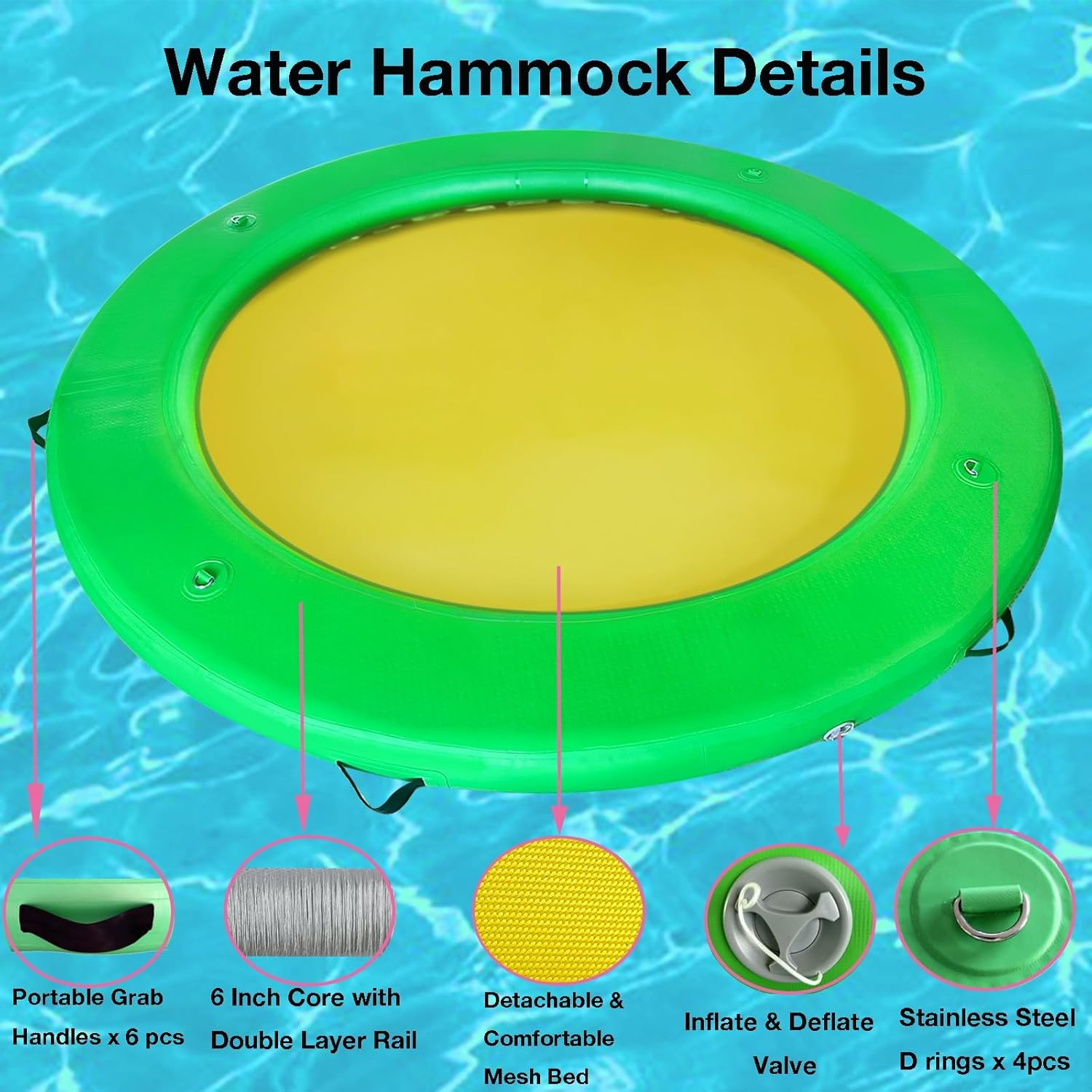 8FT Inflatable Dock round Floating Island with Mesh, Lounge Inflatable Water Hammock Pool Float Ring for Lake - Mint Green - Pink image number 7