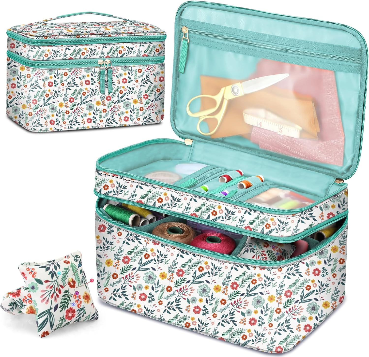 FINPAC Sewing Accessories Storage and Organizer Case, Double-Layer Sewing Kits Carrying Bag with Wrist Pin Cushion for Threads, Needles, Embroidery Floss Supplies, Felting Kits (Emerald Illusions)