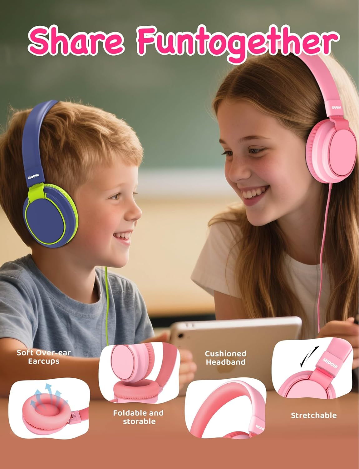 Midola Volume Limited 85/96Db Kids Headphone Over-Ear/On-Ear Foldable Sound Noise Protection Headset with Inline AUX 3.5Mm Cord W/Mic for Child School Cellphone Pad PC Notebook Pink