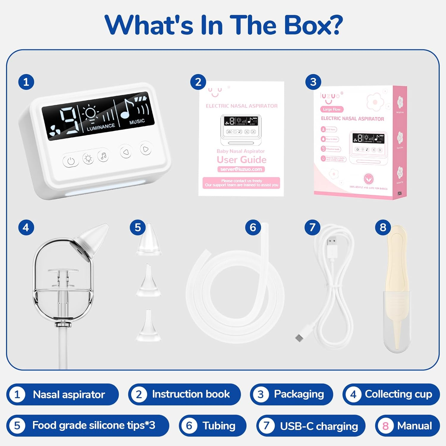 IUZUO Nasal Aspirator for Toddler, Electric Nose Aspirator for Baby, Baby Nose Sucker, Electric Nose Suction with Night Light and Music, LED Display image number 6