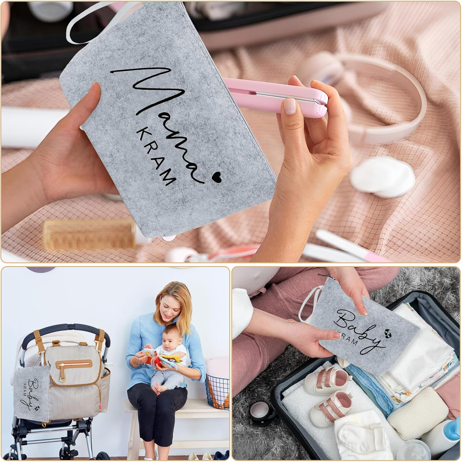 Pack of 2 Gifts for Expectant Mothers, Baby Shower Mom Bag, Cosmetic Bag Made of Felt with Zip, Gifts for Birth Felt Bag for Mum, Pregnancy Gift for New Mum, NO, No image number 2