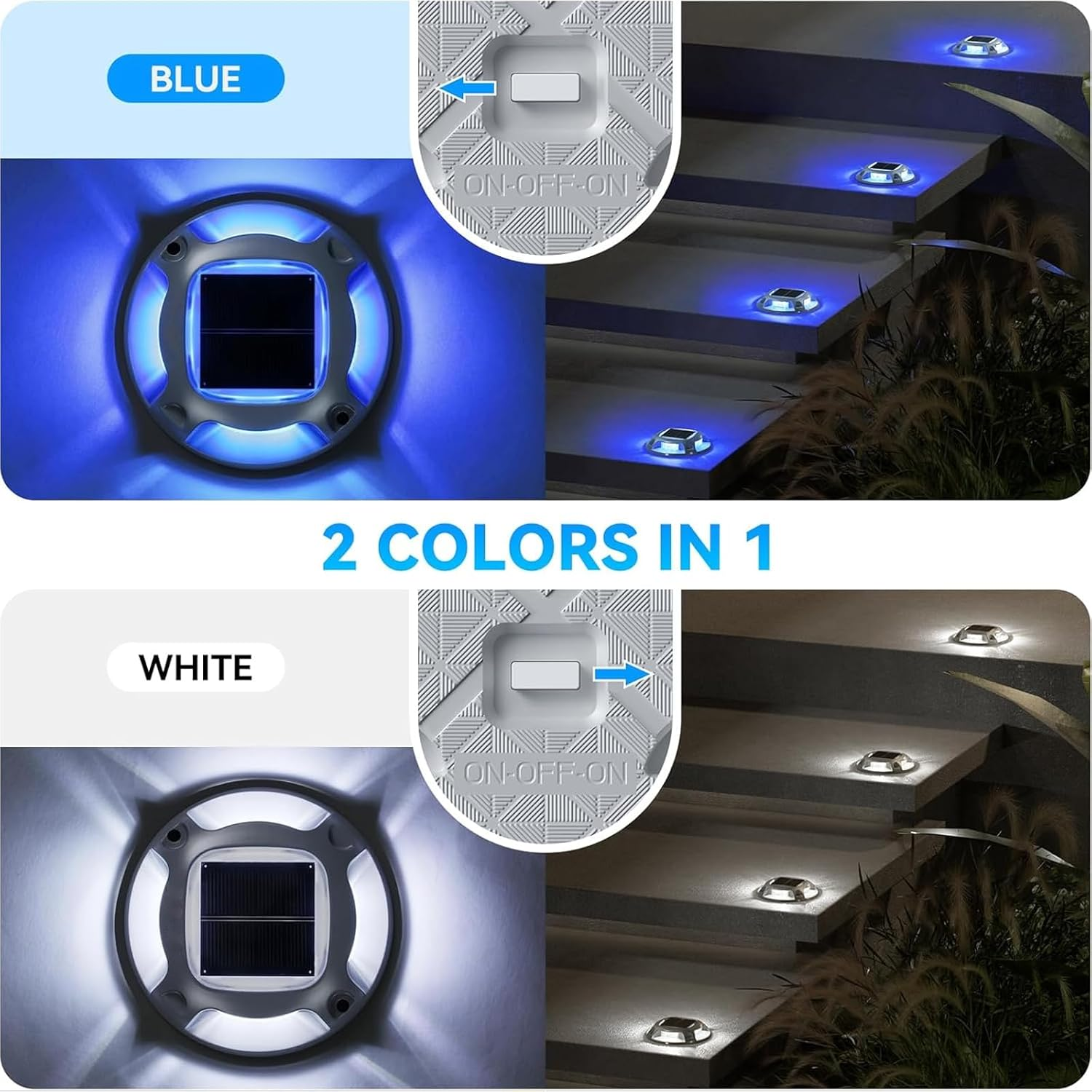 Solar Powered Driveway Lights, Set of 10, Blue & White 2 Colours in 1,Outdoor LED Aluminum Dock Lights Road Markers Step Lights for Sidewalk Garden Pathway image number 6