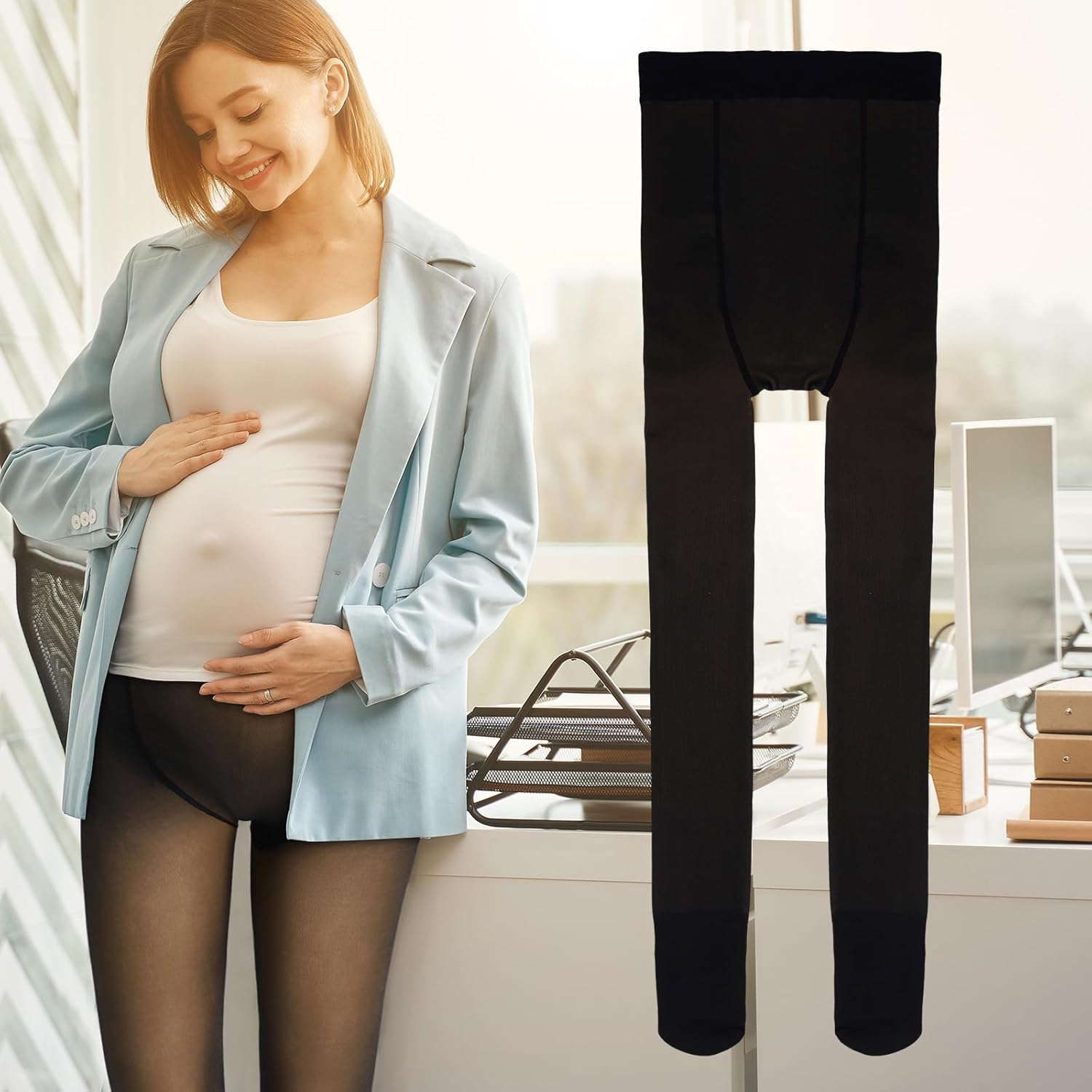 Bonuci Maternity Pantyhose Pregnancy Fleece Lined Tight Women Stretchy Opaque High Waist Legging image number 1