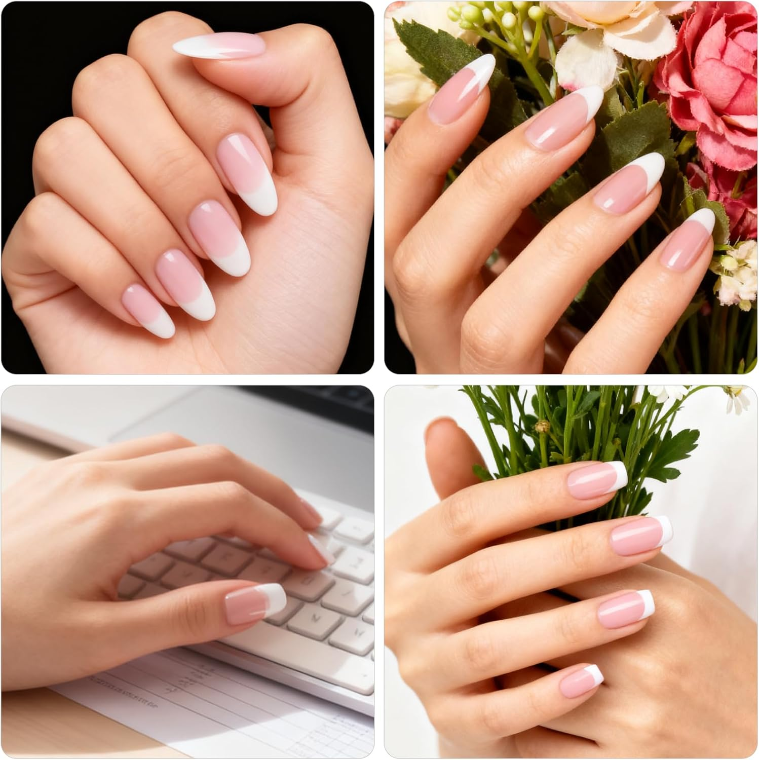 Homiliky 240 Pcs French Tip Press on Nails, Almond & Square Fake Nails Full Cover with White Tip, 12 Sizes Easy Apply Stick on Nails Kit for Women Daily Manicure image number 2