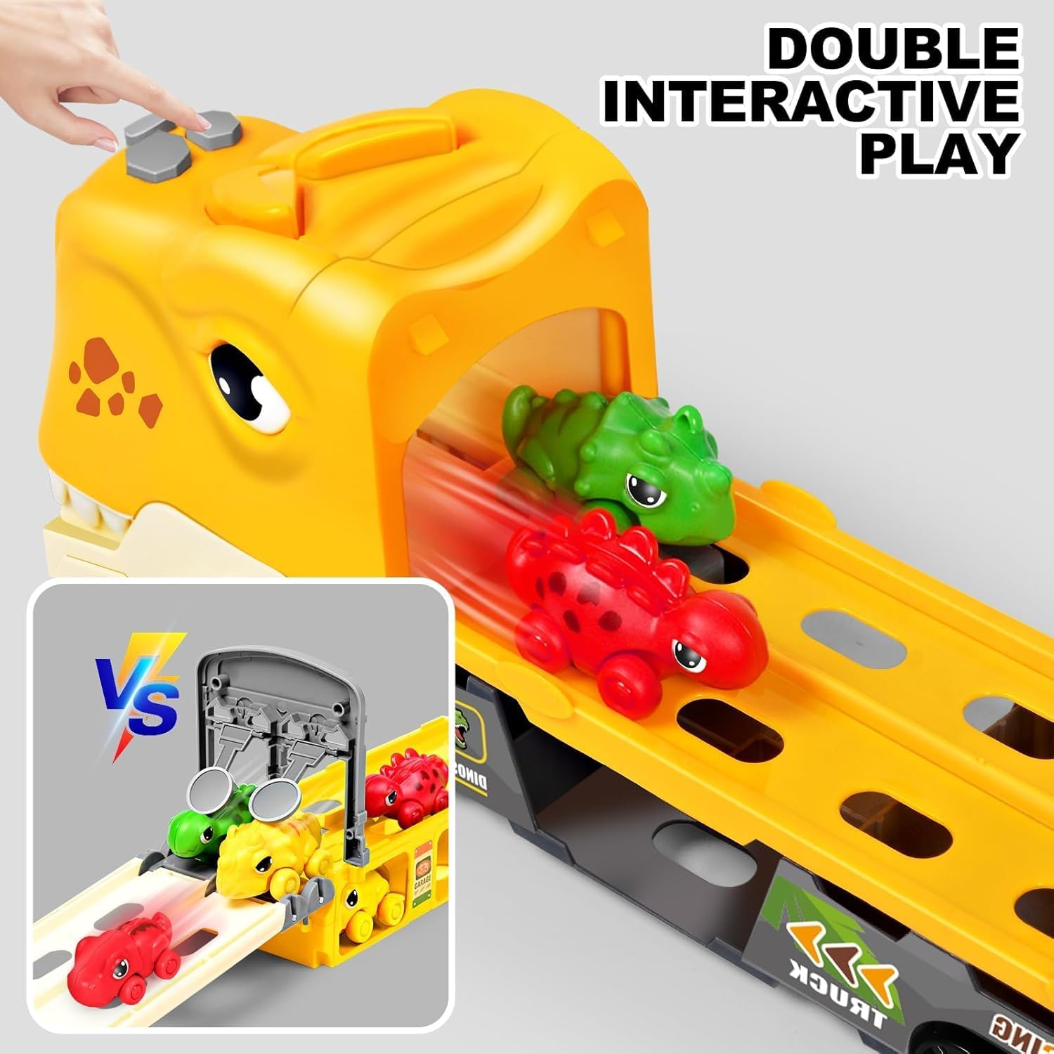 Dinosaur Truck Toys for Kids 3-5 Years,With 6 Dinosaur Car Vehicle (Random),1 Toy Tyrannosaurus Dinosaur Transport Carrier Truck,Race Track Playset with Lights Sounds,Kids Gifts image number 1