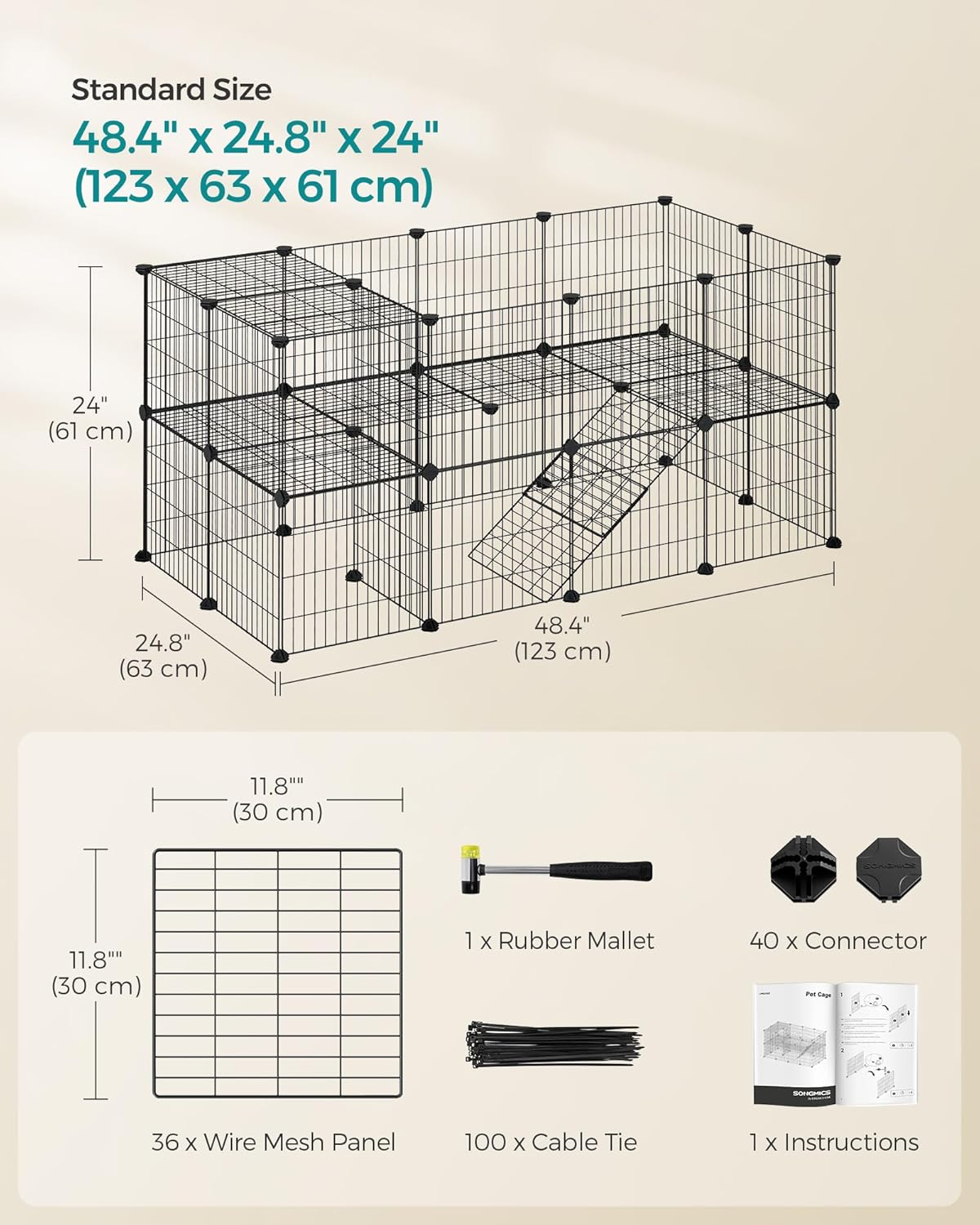 SONGMICS 2-Floor Metal Pet Playpen, 36 Grid Panels, Customisable Cage Enclosure for Small Animals, Guinea Pigs Hamster Runs, Rabbit Hutches, Includes Mallet, Indoor, 123 X 63 X 61 Cm, Black LPI002B01 image number 3