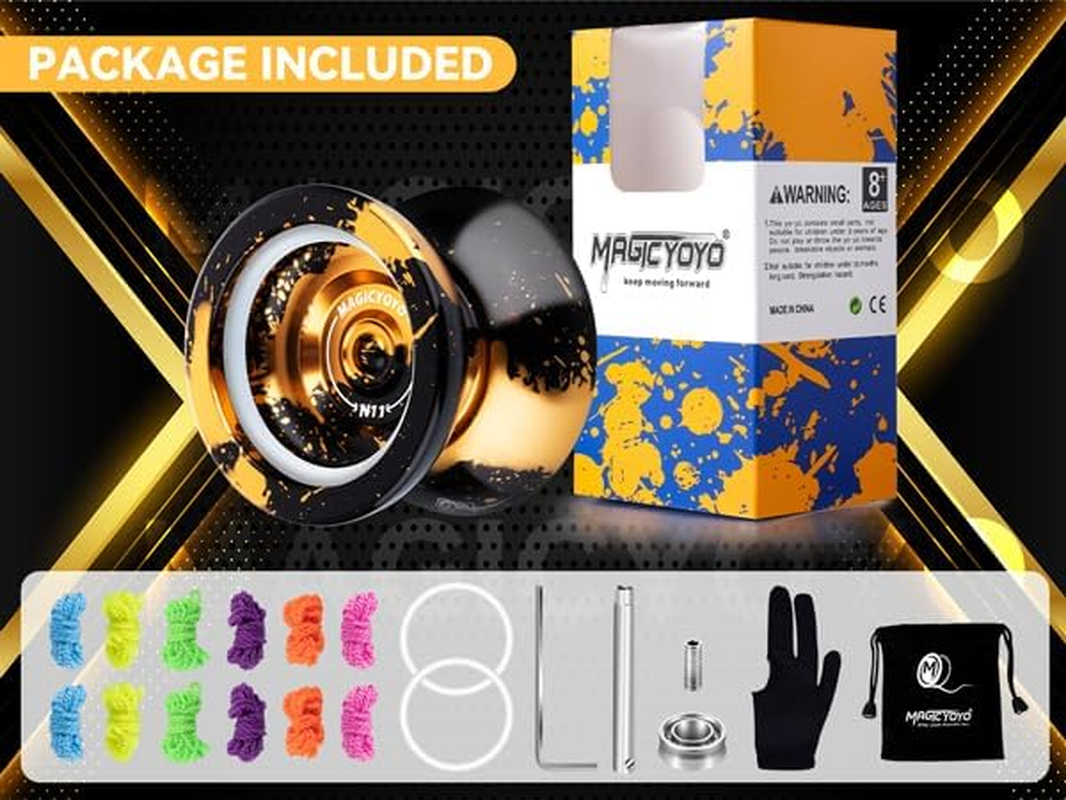 Dual Purpose N11 Black Golden Alloy Yoyo - Responsive for Kids Beginners, Unresponsive for Advanced Play + Glove, Bag, 12 Strings image number 5
