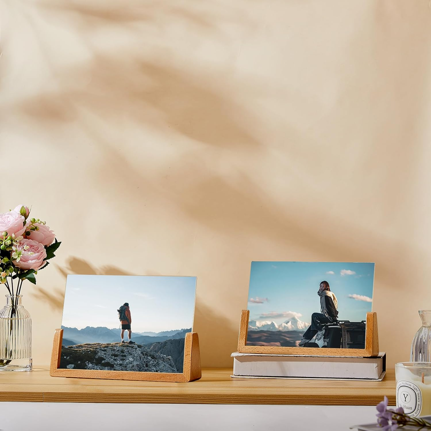 5X7 Wood Picture Frame Set of 2 Rustic Wooden Photo Frames with Base U Shaped Double Sided High Definition Acrylic Covers Menu Holder Sign Card Stand for Tabletop or Desktop Display,Vertical Frame