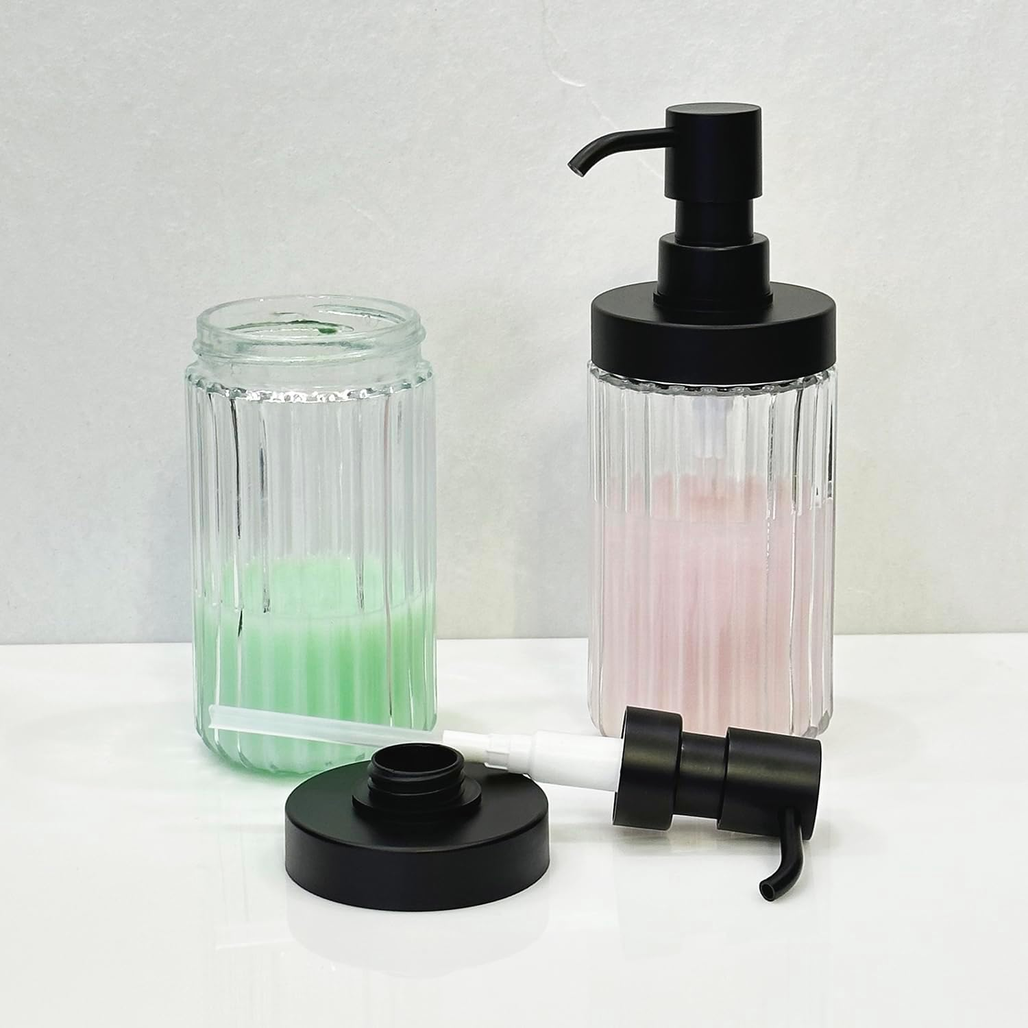 2 PCS Glass Soap Dispenser Set for Bathroom & Kitchen Sink Refillable Liquid Soap Bottle with Squeeze Pump for Hand Dish Soap, Shower Gel, Shampoo and Conditioner-425Ml - Transparent image number 5