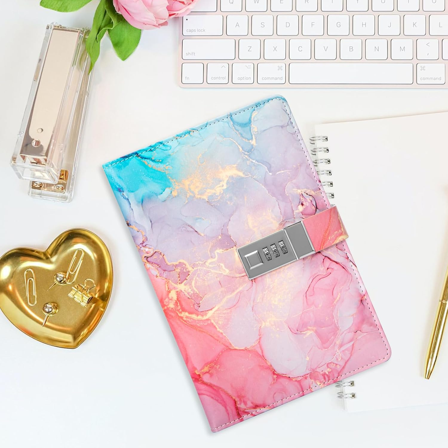 Toplive Marble Diary with Lock for Girls and Women, A5 Secret Journal with Lock, PU Leather A5 Password Notebook, Lockable Journal Diary Planner, for Girls Women, Marble Pink - Marble Pink image number 4