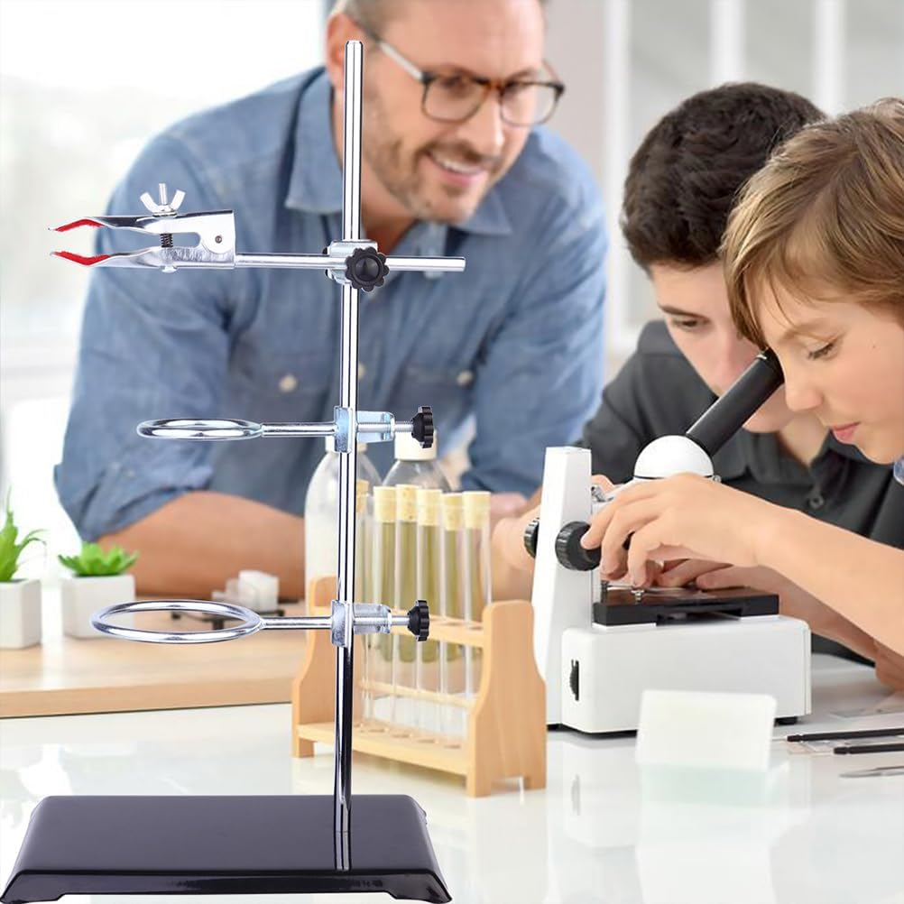 Laboratory Retort Support Stand for Titration Extraction with a Burette Clamp and 2 Flask Ring Clamps Used in Chemistry or Physics Lab (Rodlength 16) image number 3