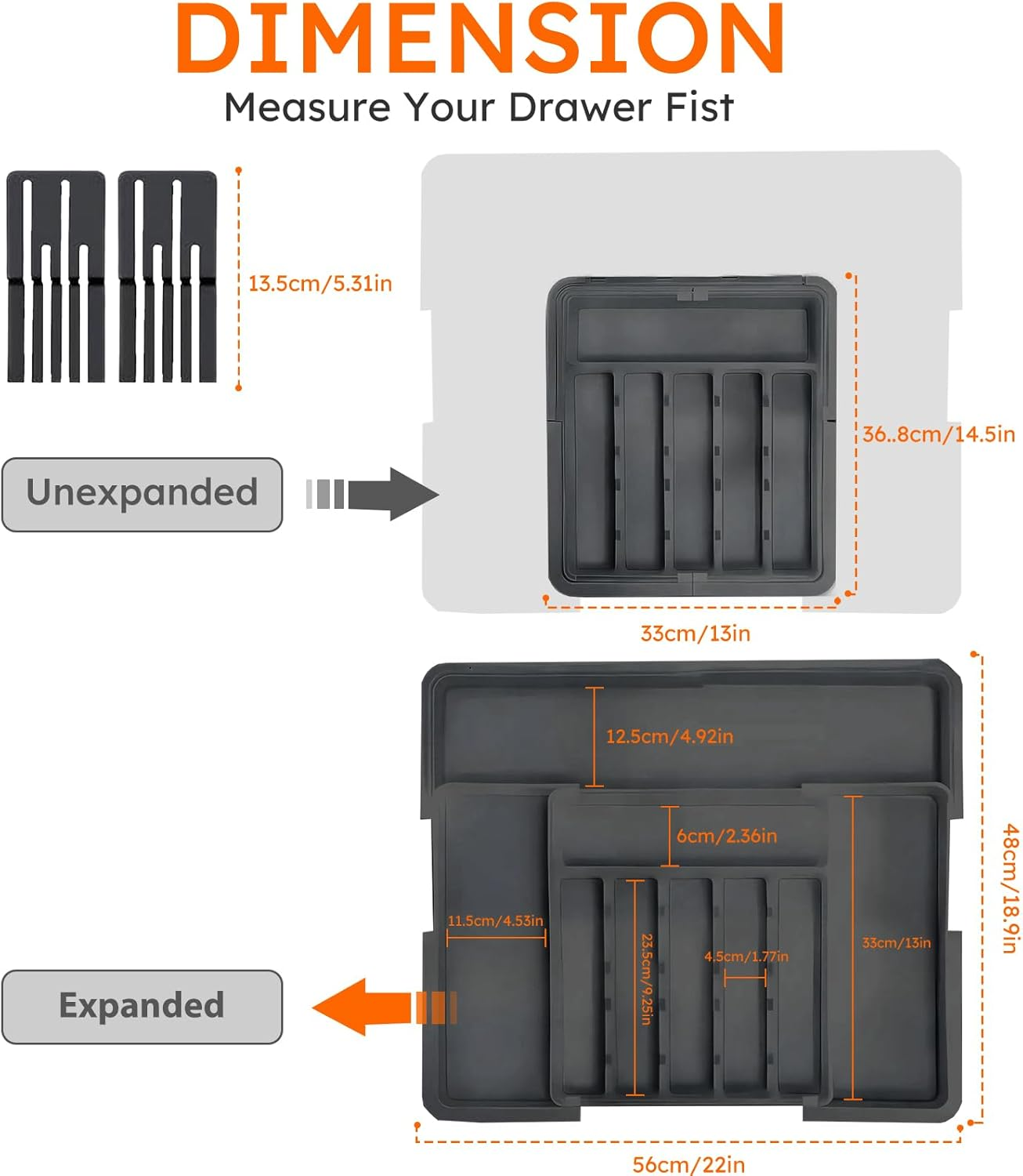 Larger Cutlery Drawer Organiser, Expandable Utensil Drawer Organiser with 9 Compartments, 3-Sided Cutlery Organiser, Adjustable Cutlery and Flatware Tray, Non-Slip, Large for Spoons, Forks and Knives image number 2