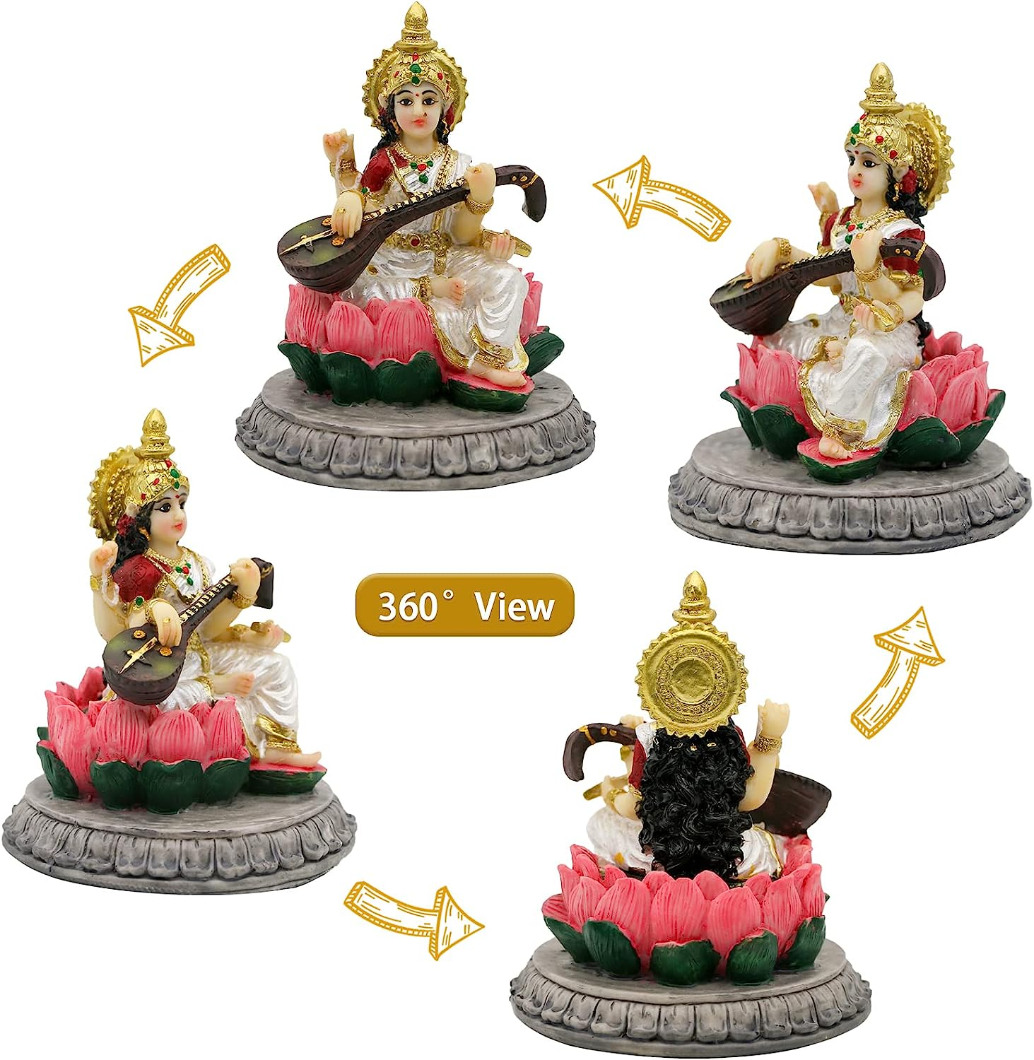 Alikiki Small India Idol Sarawati Statue - 3.9&rdquo;H Hindu Goddess Saraswati Figurine for Car Dashboard Decor Indian Home Office Temple Mandir Pooja Item Diwali Festival Puja Gift image number 2