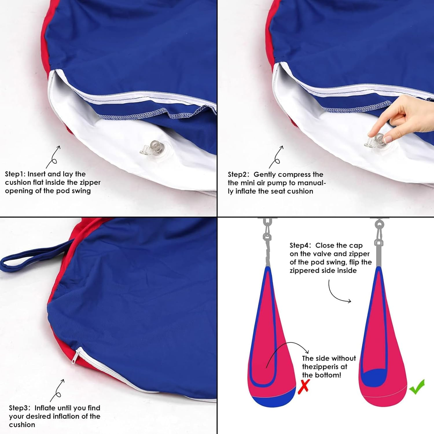 Visuivit Kids Pod Swing Seat, Cotton Child Chair with Inflatable Pillow, Sensory Swing Chair with Pocket for Outdoor and Indoor, Max 170Lbs/77Kg (Red) image number 6