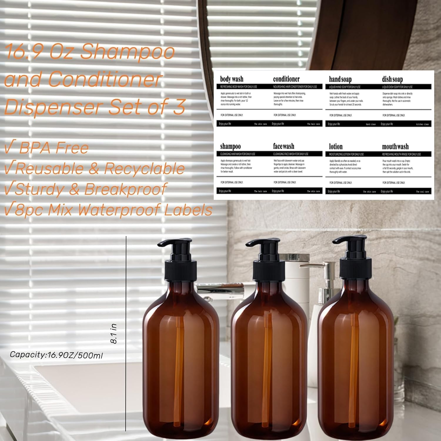 Refillable Shampoo and Conditioner Bottles, 17Oz Shampoo and Conditioner Dispenser Soap Dispenser Shampoo Dispenser Lotion Dispenser with 8 Waterproof Labels for Bathroom Hotel - Amber, 3Pcs