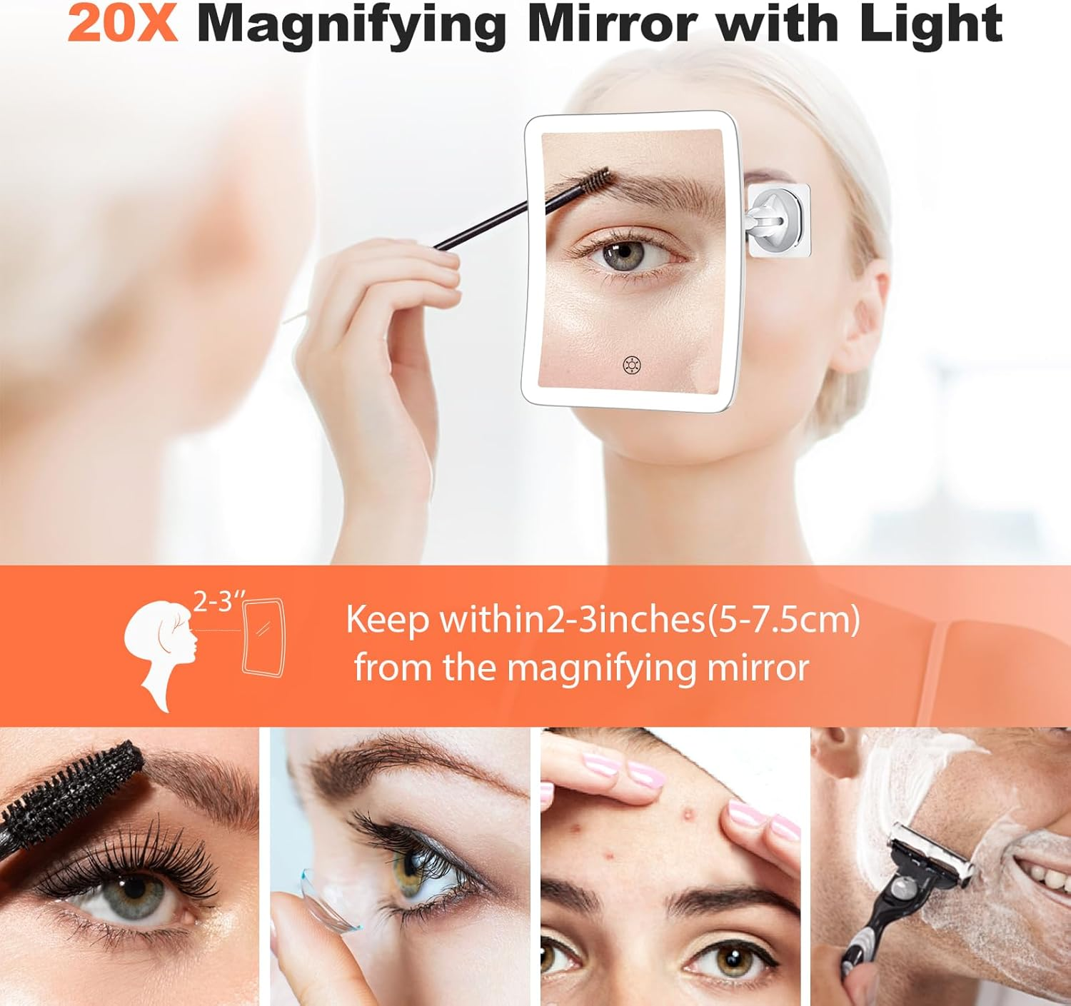 Famihomii 1X/20X Magnification Makeup Mirror with Lighting, Removable Cosmetic Mirror with Lighting, Portable Magnifying Mirror with Suction Cup, 3-Colour Light & No Dimming, 360 Degree Mirror