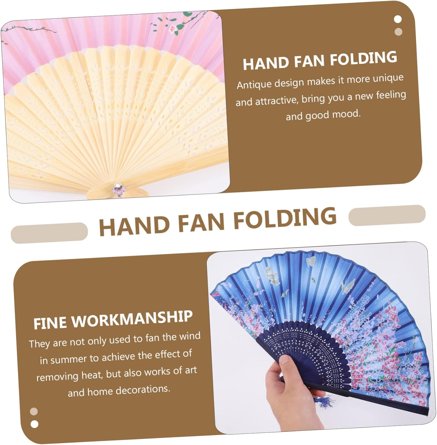 CIMAXIC 2Pcs Bamboo Silk Hand Held Fans Portable Folding Fan for Women Men Decor Stage Performance image number 3