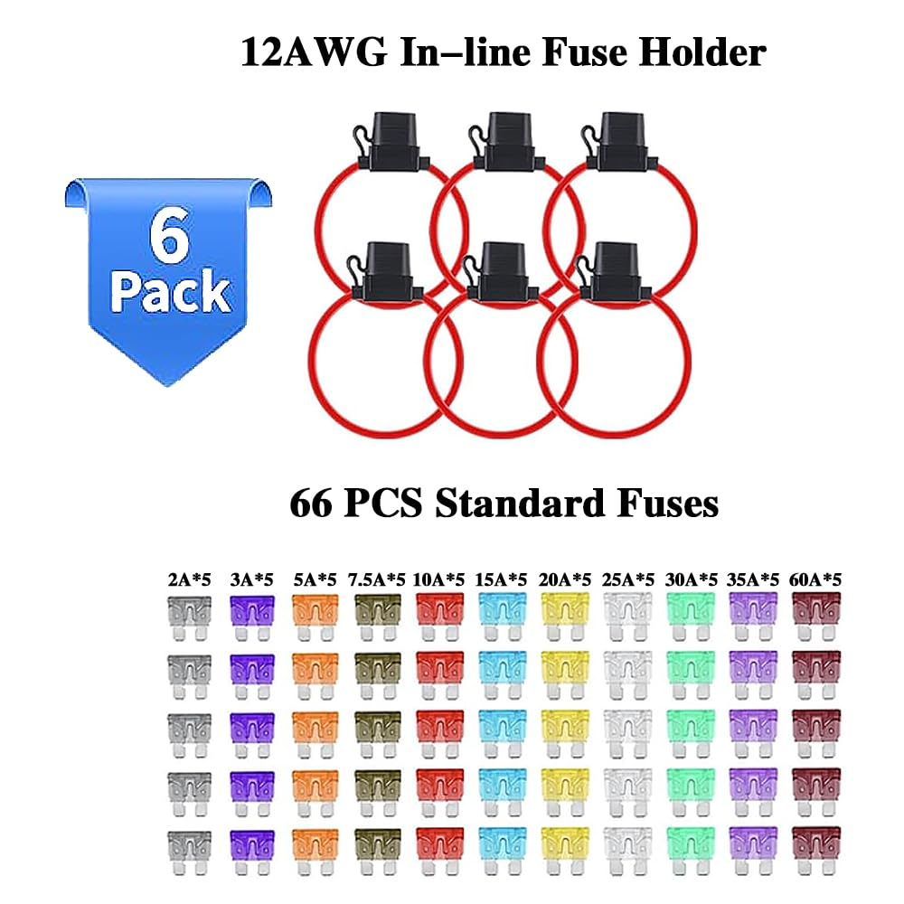 Upgraded 12 AWG Waterproof Fuse Holder with 55 Pcs Standard Car Auto Fuses, 6 Pack Inline Fuse Holder 32V Line Fuse Holders for Marine Auto (Medium) image number 5