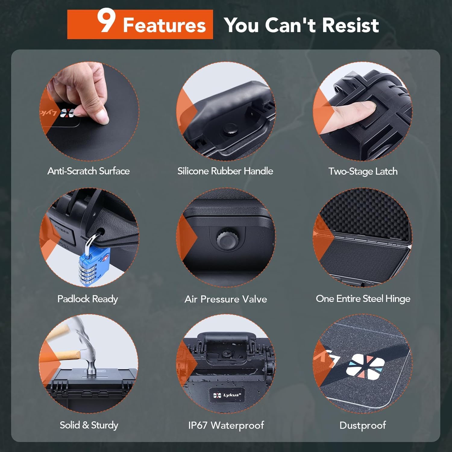 Lykus HC-3910 Waterproof Hard Case with Customizable Foam Insert, Interior Size 15.31X8.94X4.53 In, Suitable for Electronics and More image number 4