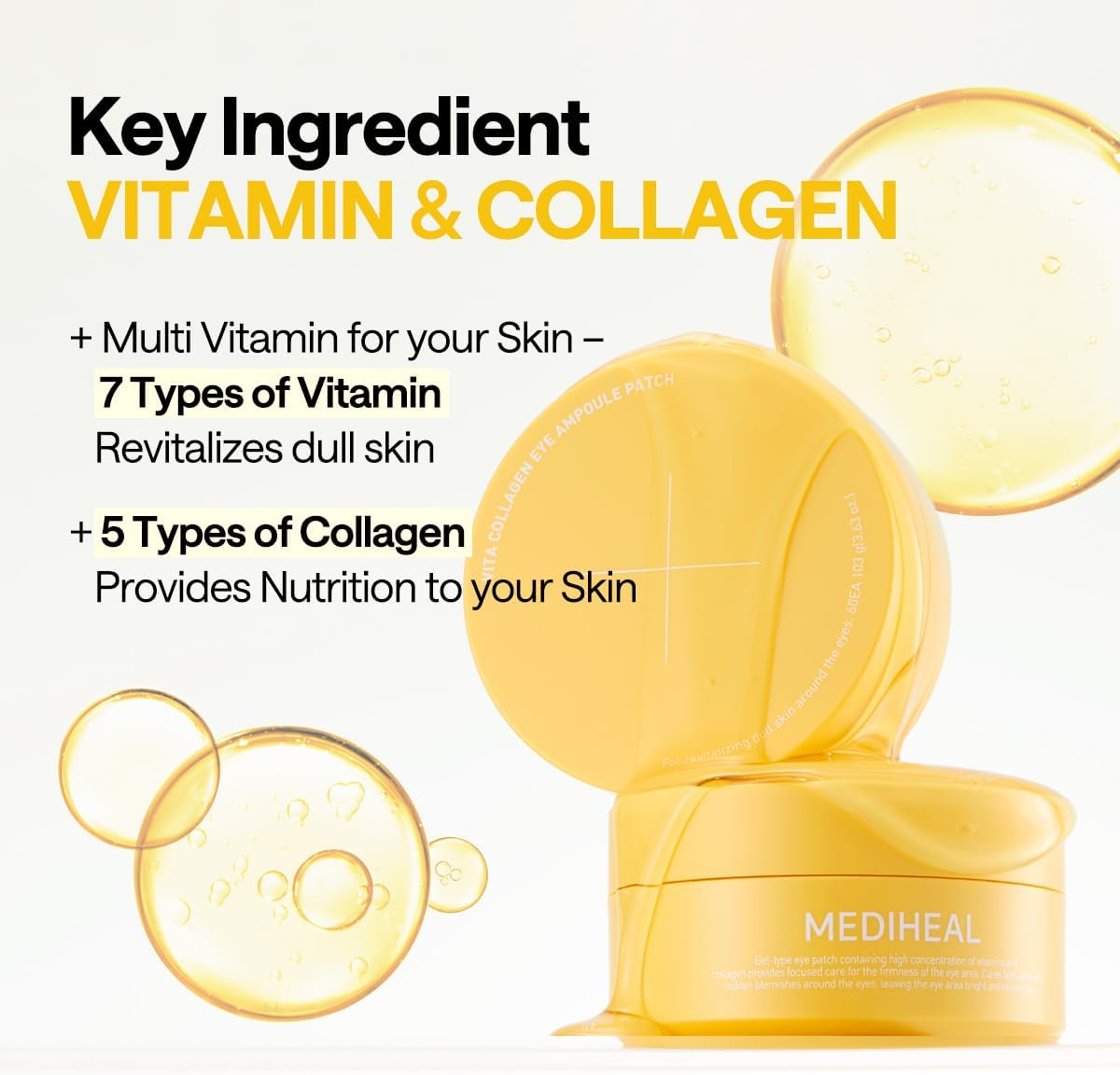 Mediheal Vita Collagen under Eye Patches for - Korean Hydrogel Eye Pads with 7 Vitamin & 5 Micro Collagen. Moisturizng & Non Irritating Eye Gel Mask. Sealing Cap Included. image number 3