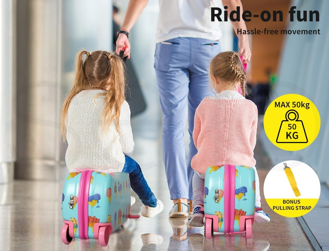 Bopeep Kids Ride-On Suitcase Scooter Children 2-In-1 Travel Rolling Luggage Organizer Carry-On Bag Trolley, W/Spinner Wheels, Shoulder Strap, for Kids Toddlers, Waterproof Shell(Ice Cream Pattern) image number 6