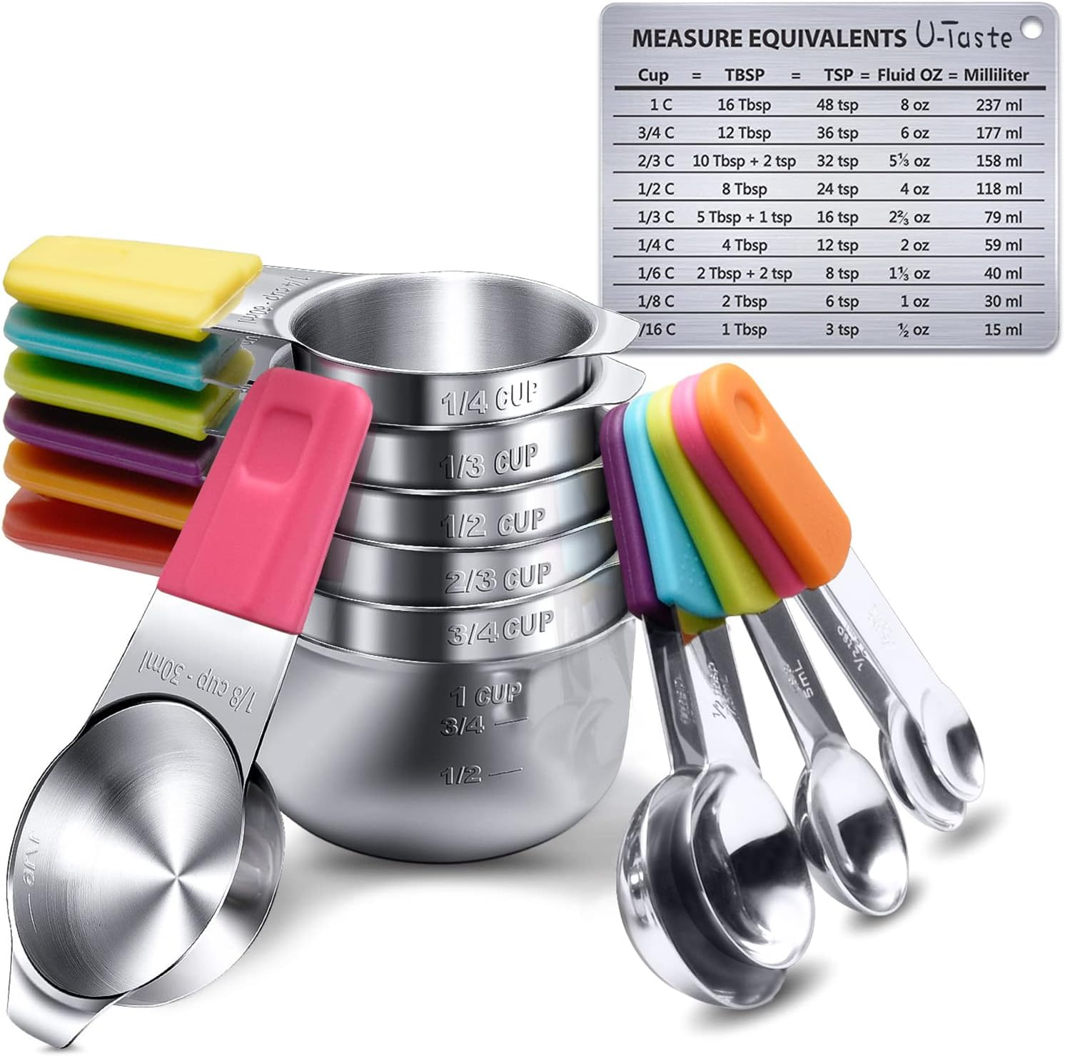 Measuring Cups and Spoons Set: U-Taste 18/8 Stainless Steel 10 Pieces Metal Nesting Stacking Kitchen Baking Cooking Food Measure Set 5 Cups 5 Spoons for Dry and Liquid Ingredient (Teal/Turquoise)