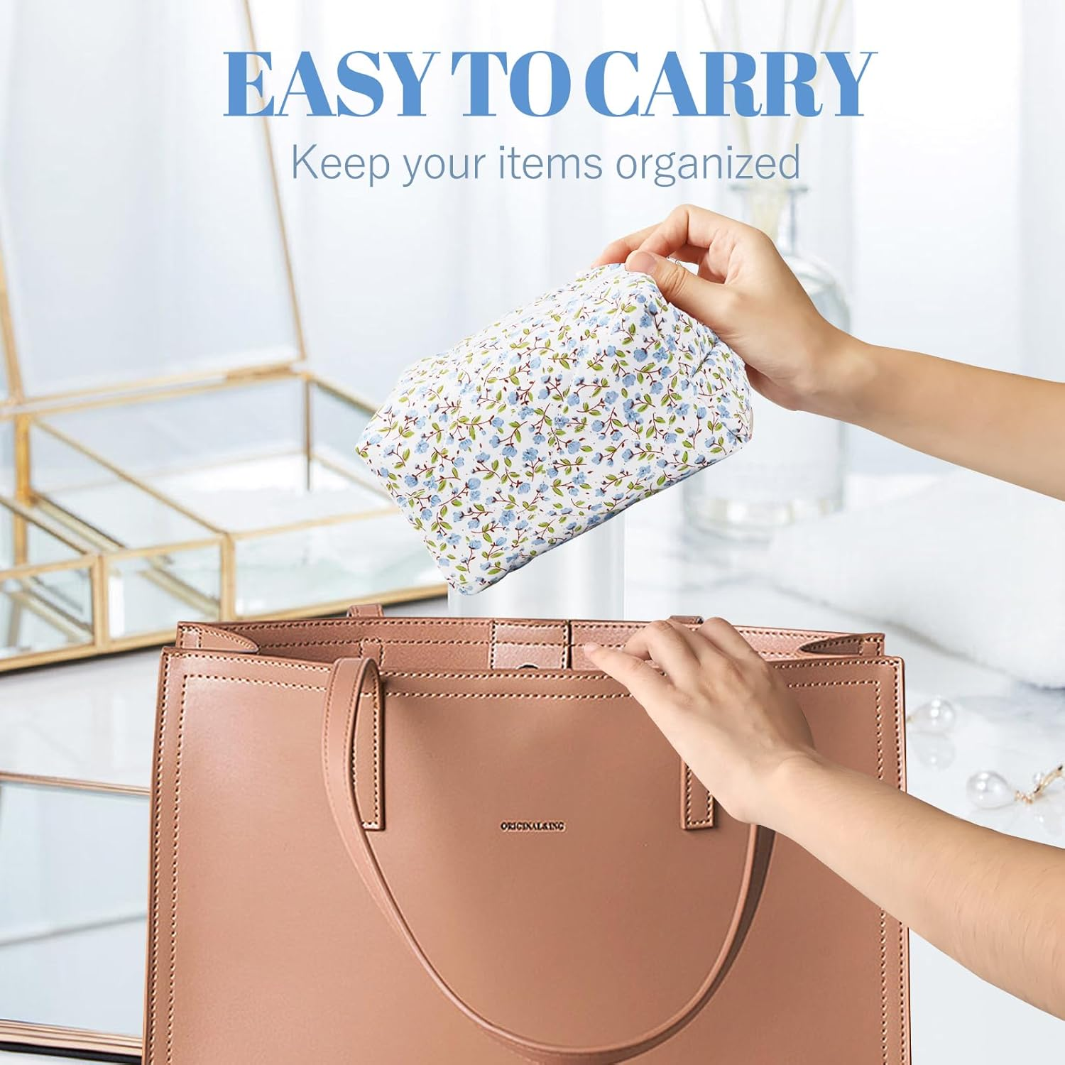 Cotton Quilted Makeup Bag, Cute Pouch Toiletry Bag Cosmetic Bag Quilted Floral Organizer Bag Travel Coquette Aesthetic Portable Storage Zipper Purse for Women, Blue, Cute - Pink image number 5