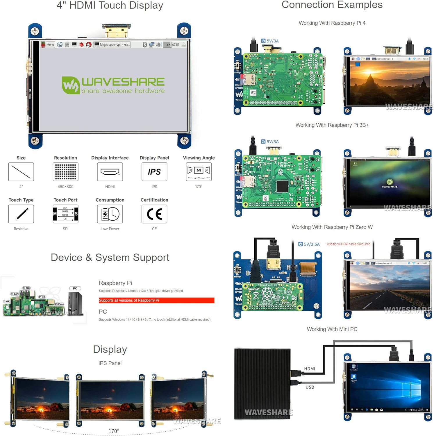 Waveshare 4 Inch HDMI LCD Display 800X480 Resistive Touch IPS Screen Supports Raspberry Pi image number 2