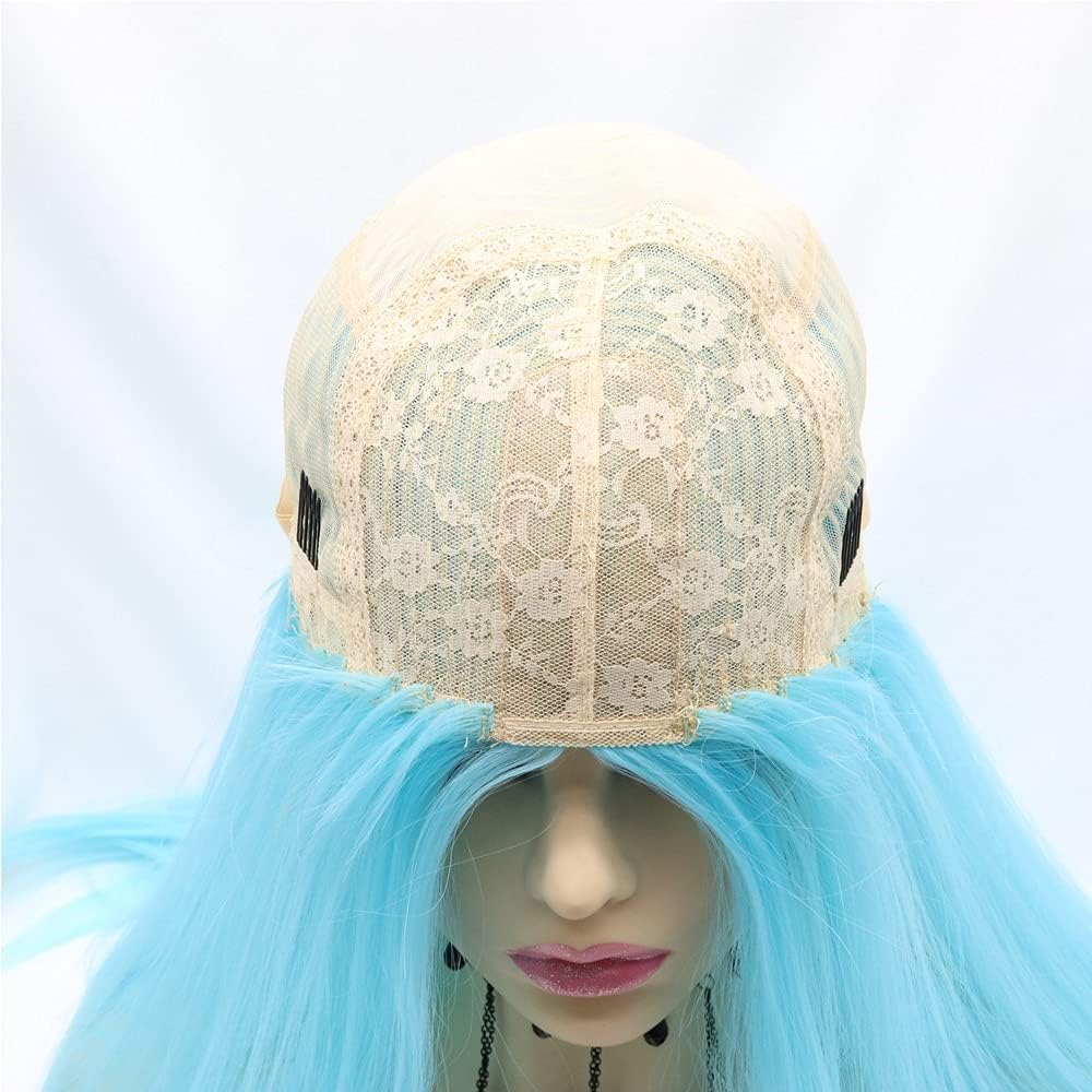 Xiweiya Wigs Long Straight Aqua Blue Synthetic Machine Made Wig Silky Full Heat Resistant Fiber Hair Middle Part Wig Free Wig Cap for Women 24 Inch for Family Makeup Party Cosplay image number 3