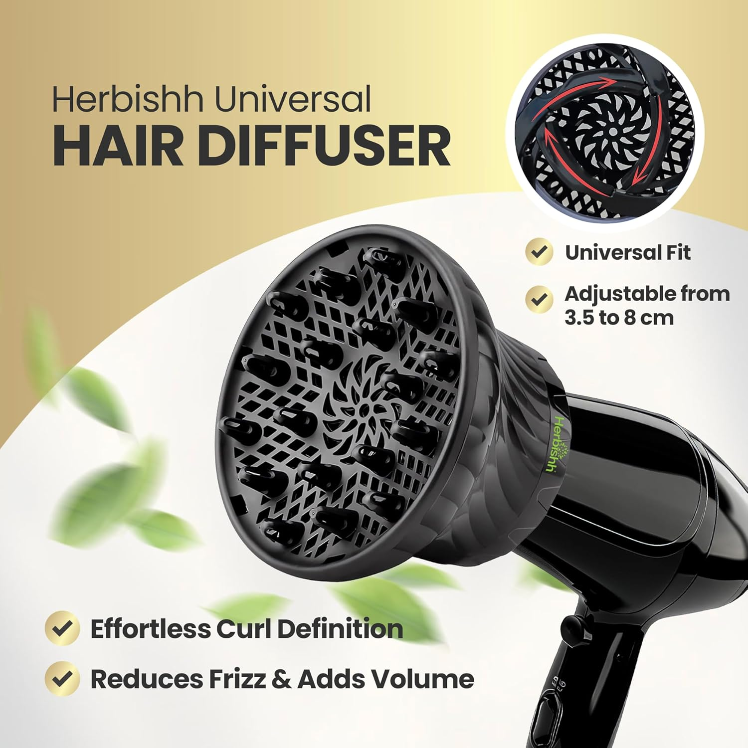 Herbishh Hair Dryer Diffuser Attachment for Even Heat Distribution, Universal Fit for Curly, Thick & Wavy Hair, Reduces Frizz & Adds Volume, Adjustable from 3.5 to 8 Cm (Black) image number 1