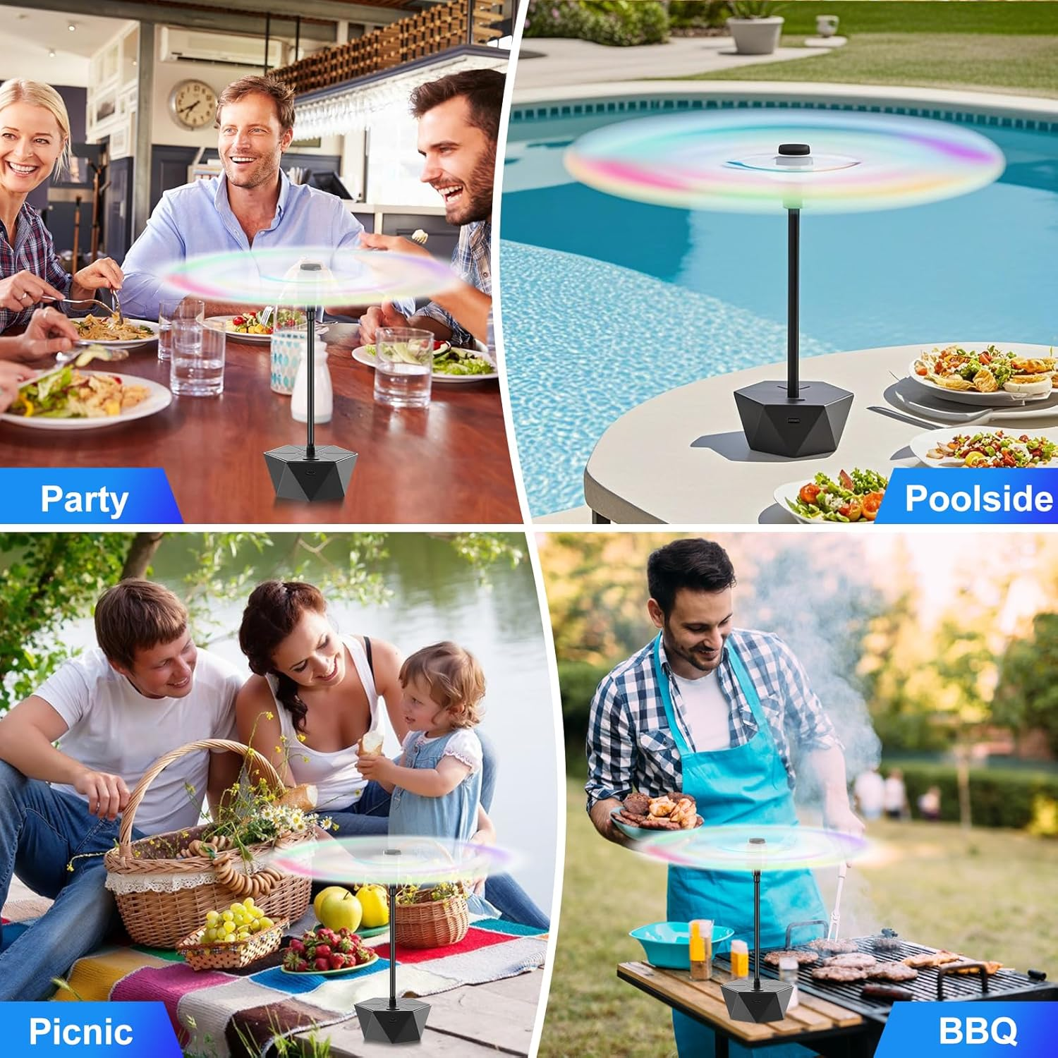 Fly Fans for Tables Rechargeable Fly Repellent Fans for Indoor Outdoor Keep Flies Away, Flies Spinner Table Top with Holographic Blades, Bug Traps for Picnic, Party, BBQ (Black, 3Packs) image number 1