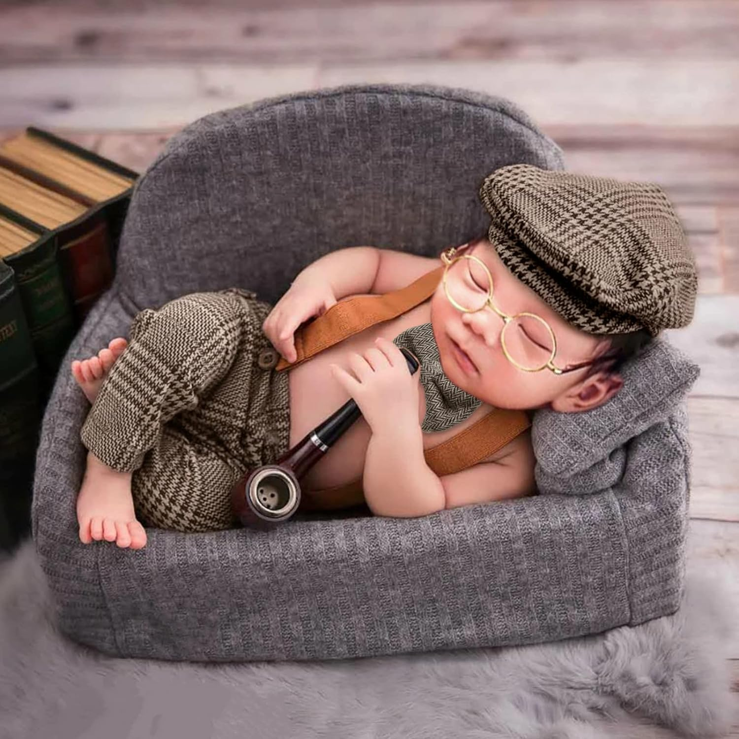 SPOKKI 4 Pcs Newborn Baby Photo Props, Lattice Rompers Suspender Pants with Beret Glasses Bow Tie for Infant Boys' Costumes, Newborn Boy Photography Outfit Set, Checked Fabric Gentleman Suit (Brown) image number 5