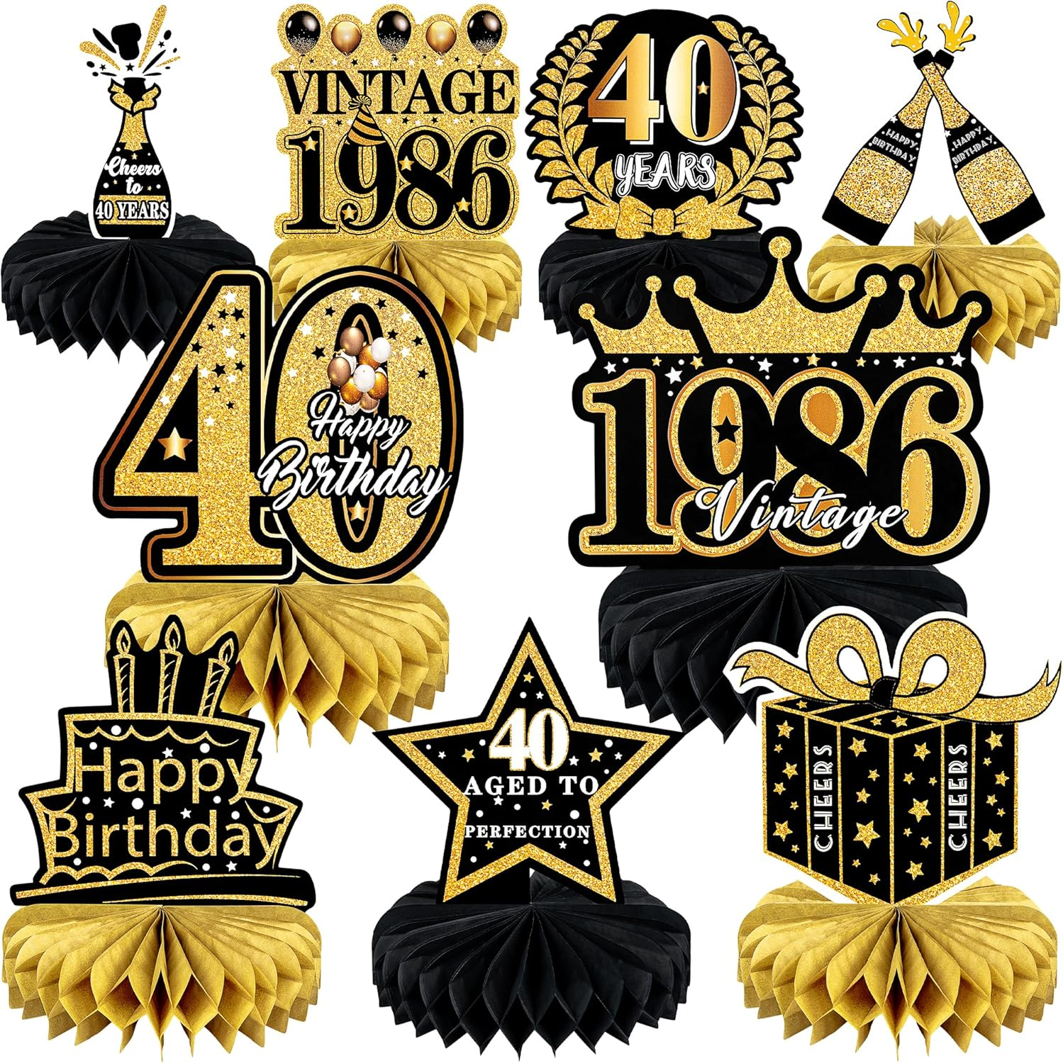 9 Pcs 70Th Birthday Decoration for Men Women - Honeycomb Centerpieces & Table Decorations - Black & Gold - Cheers to 70 Years - 1955 Birthday Party Favors