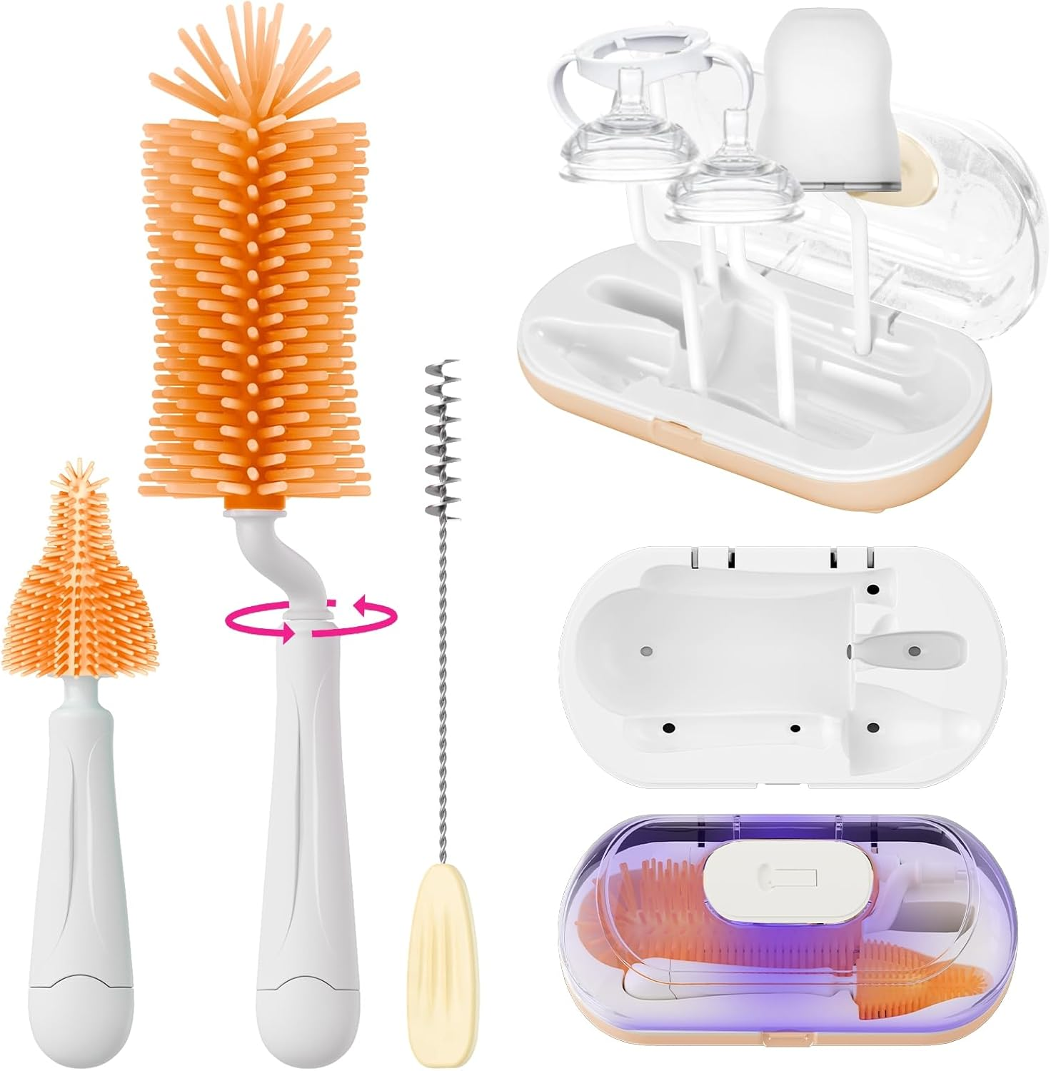 Baby Bottle Brush Set,Travel Bottle Cleaner Kit with UV Light,Silicone Bottle Brush,Nipple Brush,Straw Cleaner,Drying Rack,Baby Bottle Brushes for Cleaning,Baby Essentials for Home and Travel,Orange image number 5