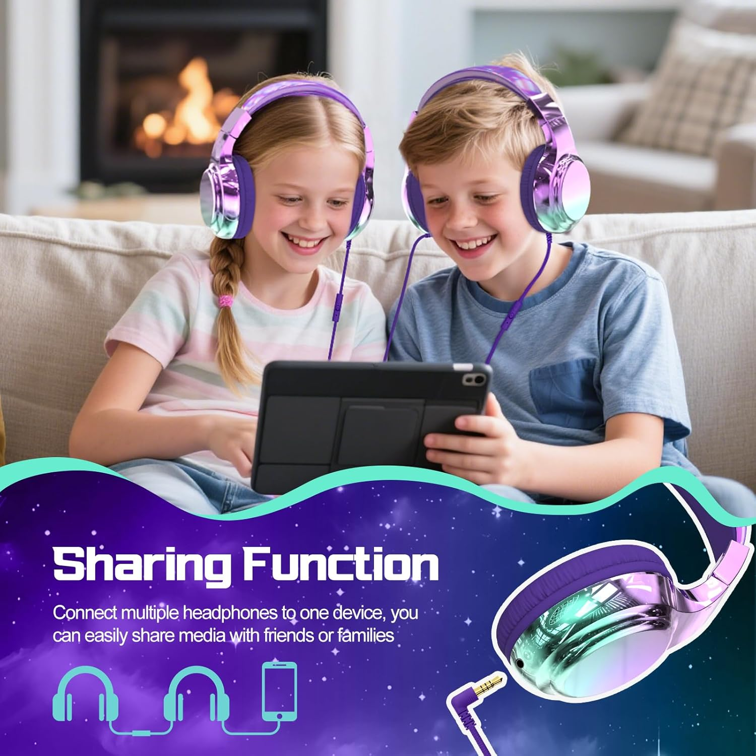 Qearfun Kids Headphones with Microphone, Wired, on Ear, Volume Limited to 85/94Db, Sharing Jack, Foldable, Deep Purple Aurora - Black image number 3