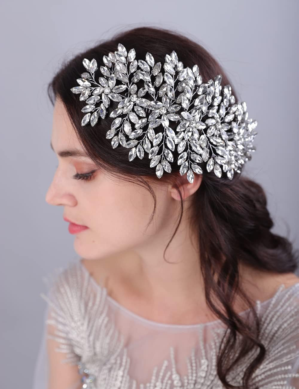 Teyglen Large Full Rhinestones Flower Bride Wedding Hair Comb Headband Luxurious Hair Accessories Dainty Crystals Bridal Side Hair Combs for Women Bride Girls (AB Color) - Ab Color image number 5