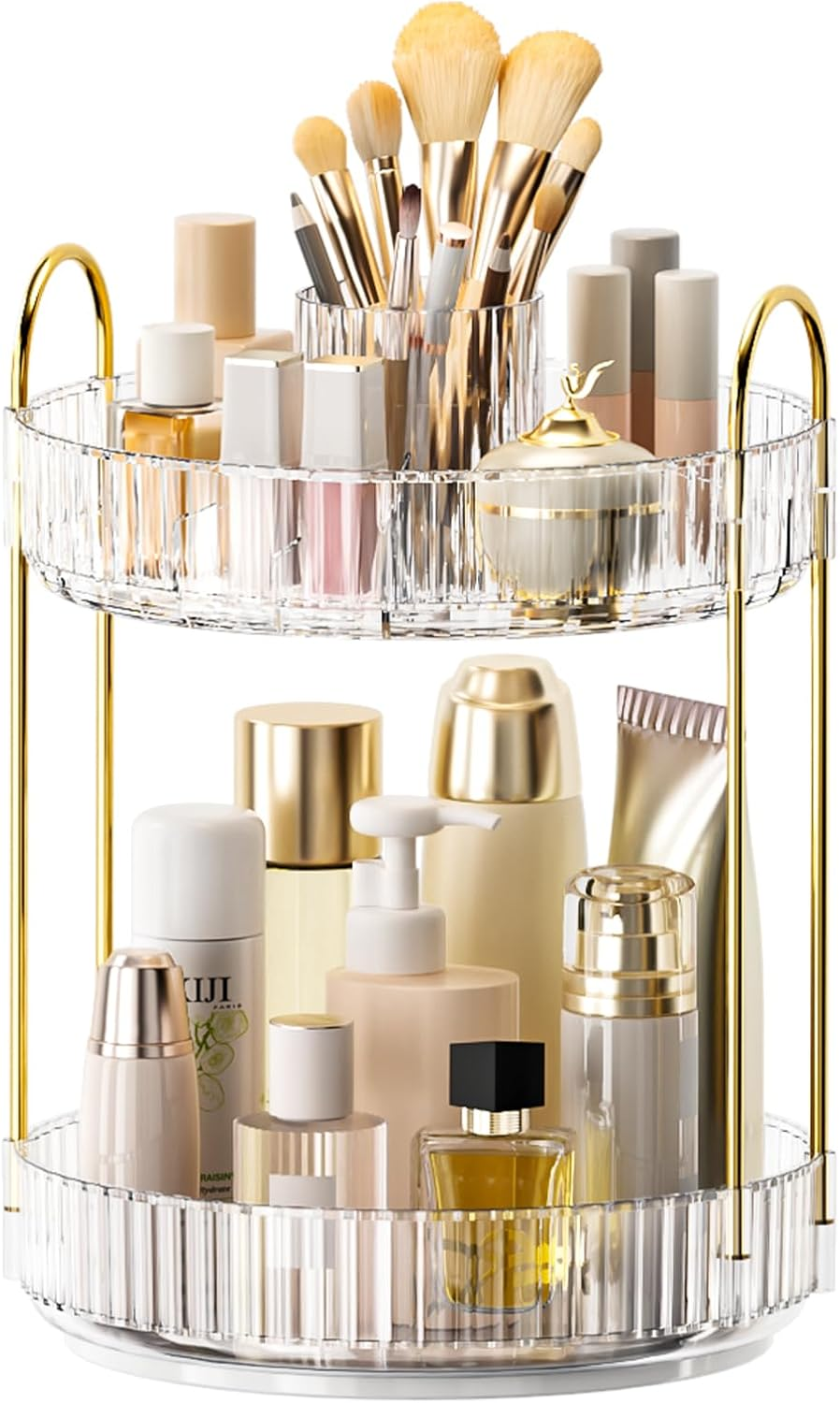 360&deg; Rotating Makeup Organizer, Upgraded 2 Tier Skincare Perfume Organizers for Women, Bathroom Organizer Countertop, Clear Cosmetic Dresser Organizer with Makeup Brush Holder, Sink&Counte (Clear)