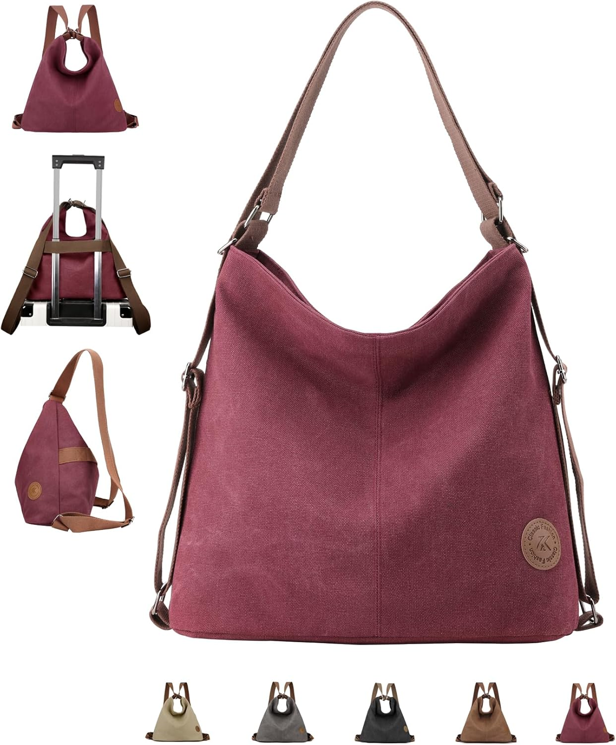 Large Tote Bag Convertible Backpack Purse for Women with Zipper Pockets, Canvas Crossbody Shoulder Hobo Bag