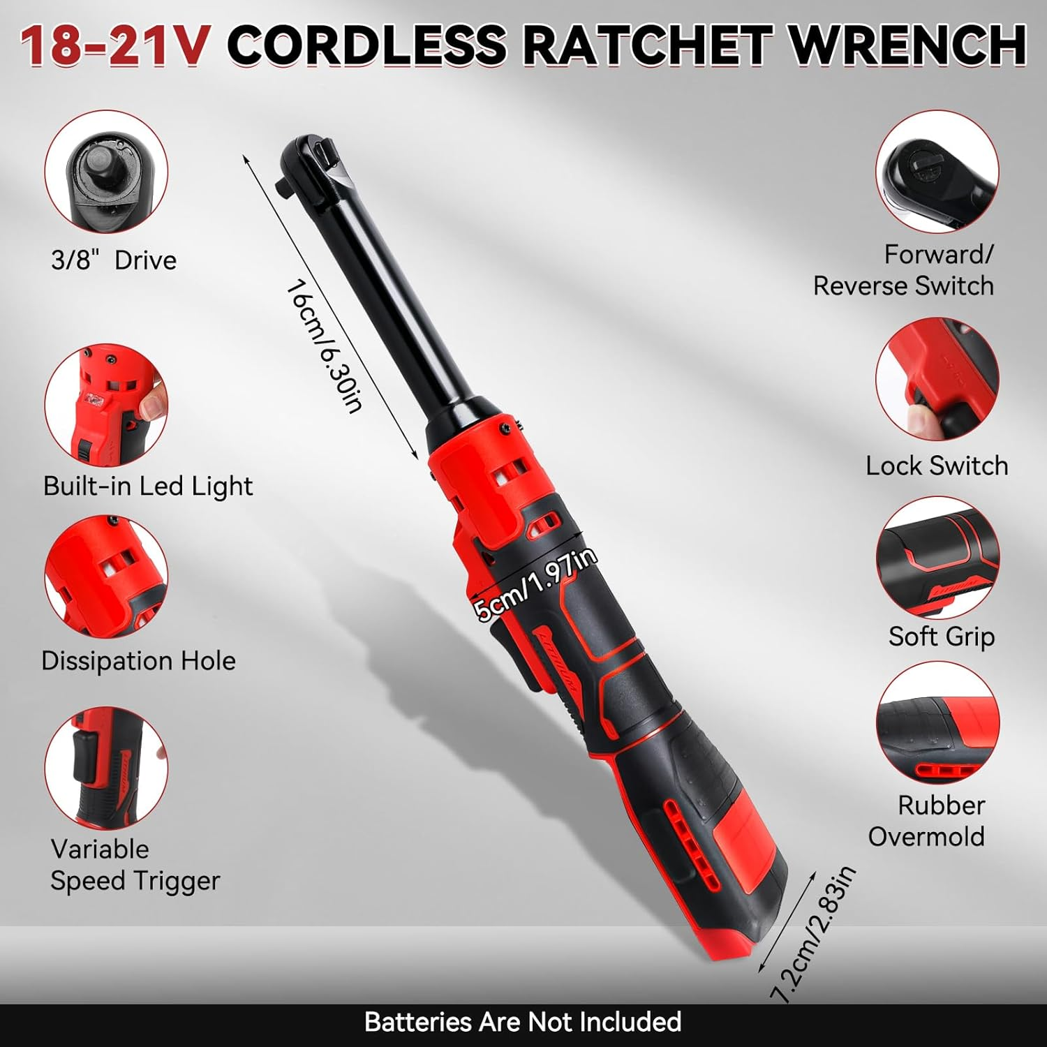 3/8" Extended Cordless Ratchet Wrench for Milwaukee M18 18V Series Batteries, Extended 16Cm Long Rod, 320 RPM, 80N.M Electric Ratchet Wrench with Built-In LED Light image number 4