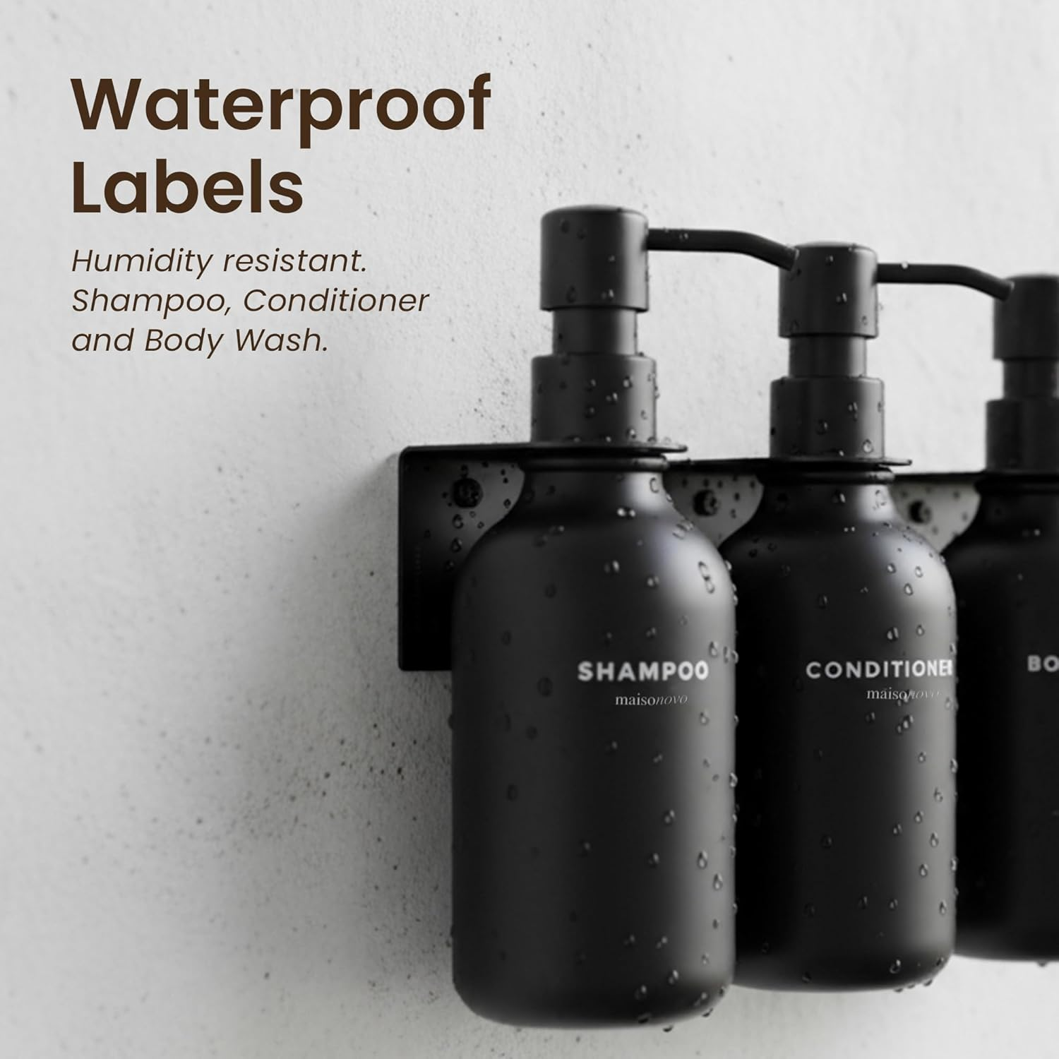 MAISONOVO Shampoo Dispenser for Shower Wall 3 Chamber - Drill Free Shower Soap Dispenser Wall Mount with Waterproof Labels | 3 Black Plastic Bottles with Black Metal Pumps - Black Set Of 2 image number 6