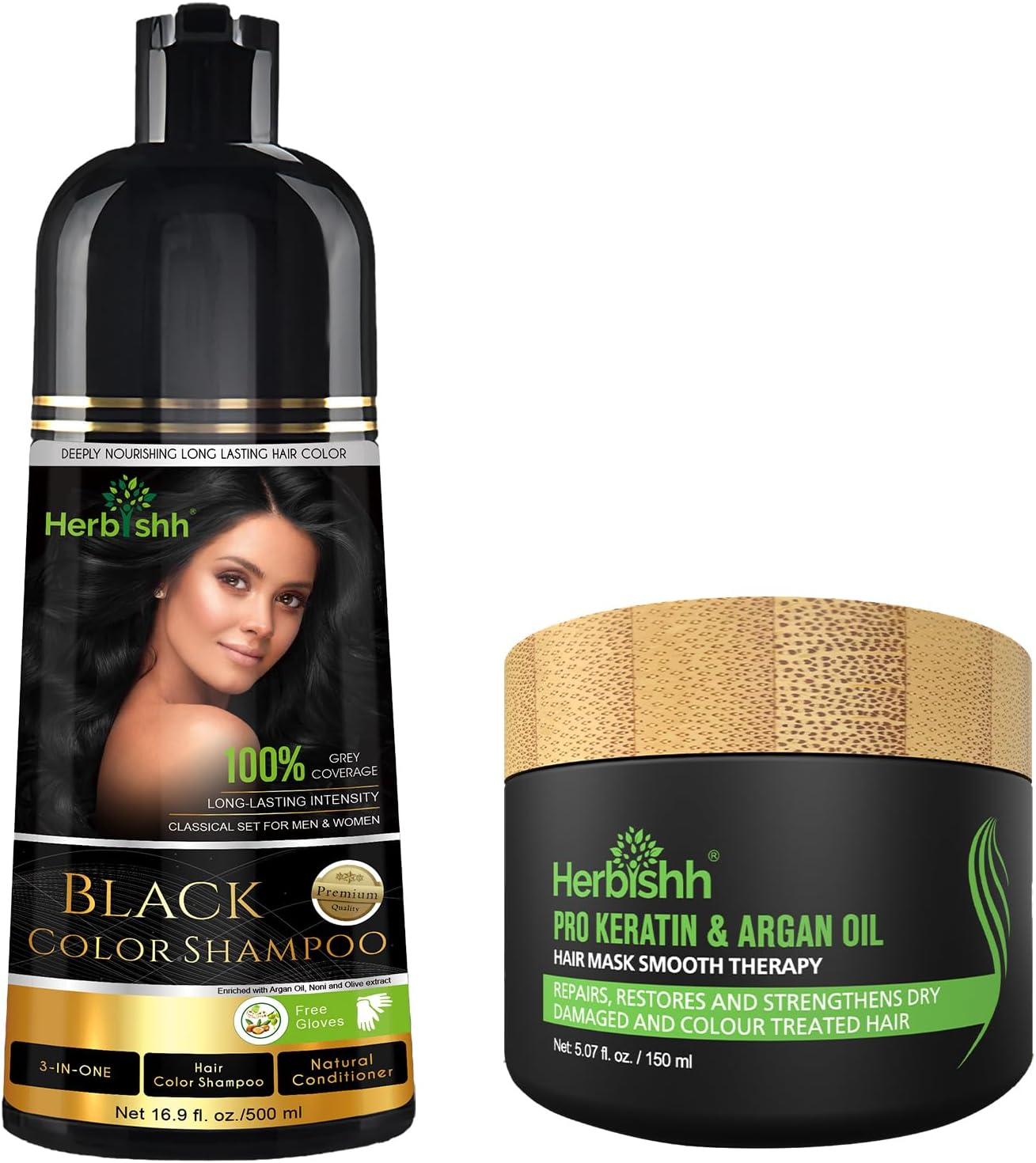 Herbishh Hair Color Shampoo for Grey Hair 500Ml + Argan Hair Mask for Dry or Damaged Hair | Hair Dye | Cover Grey Hair for Men and Women (Black, 500ML+HMASK150)