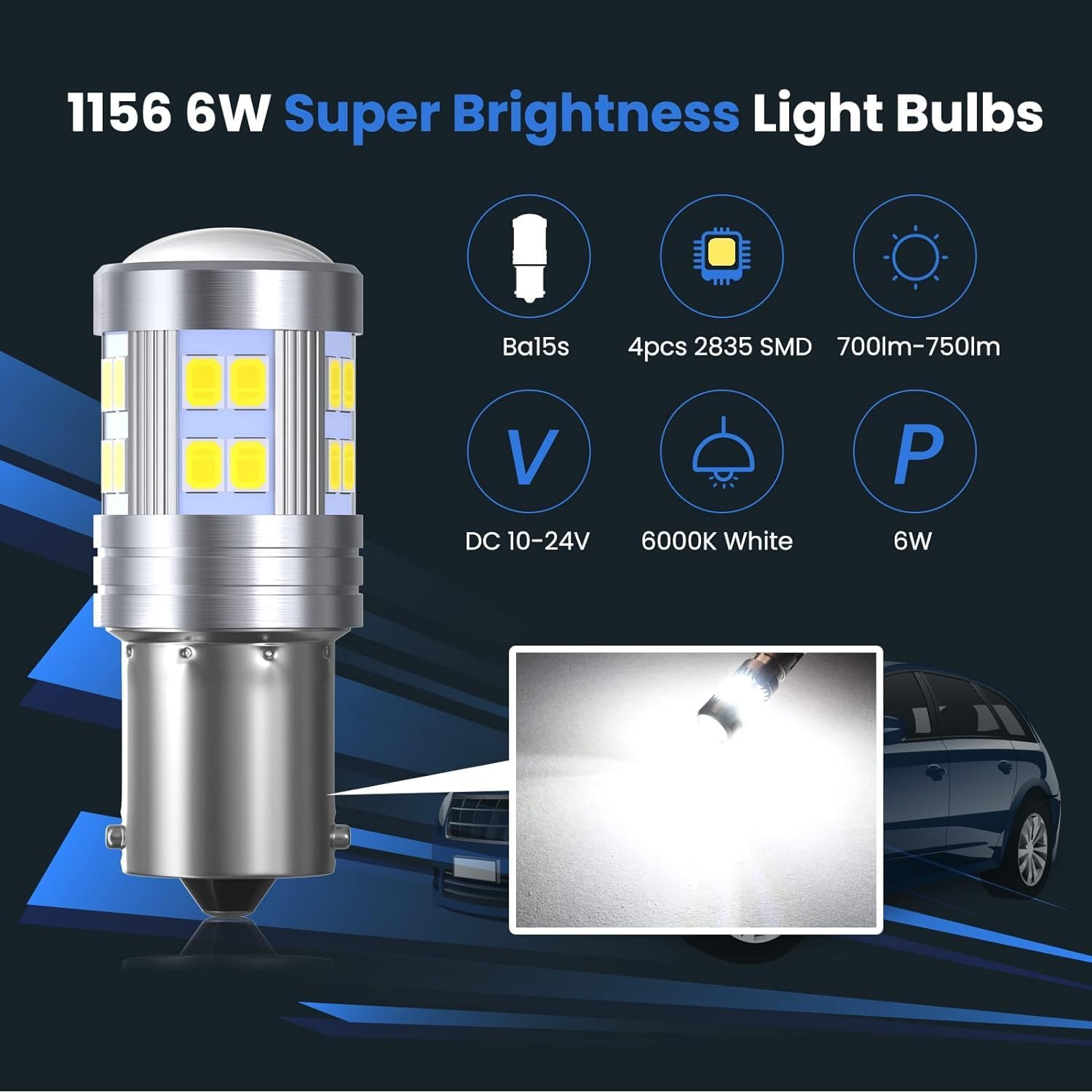 Lamptobe P21W 1156 Ba15S LED Bulb 6000K White 6W Super Bright 24-SMD 2838 Chipsets DC 10-24V LED Light Bulbs for RV Interior Lights Auto Backup Reverse Light Tail Turn Signal Position Lights 2PCS image number 6