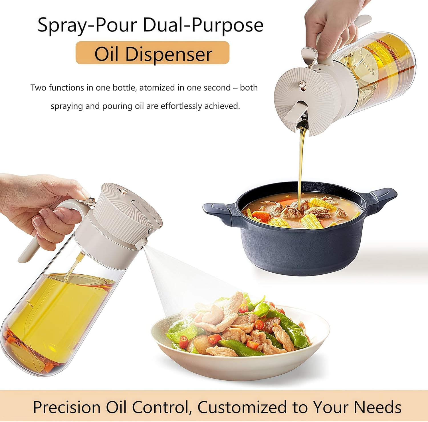 Olive Oil Spray Bottle Dispenser，2-In-1 Glass Material Kitchen Cooking Oil Sprayer，18.6 Oz/550 Ml Cooking Spray, Glass Spray Bottle with Tipper, Food Grade Spray for Kitchen, Salad, Frying, Barbecue