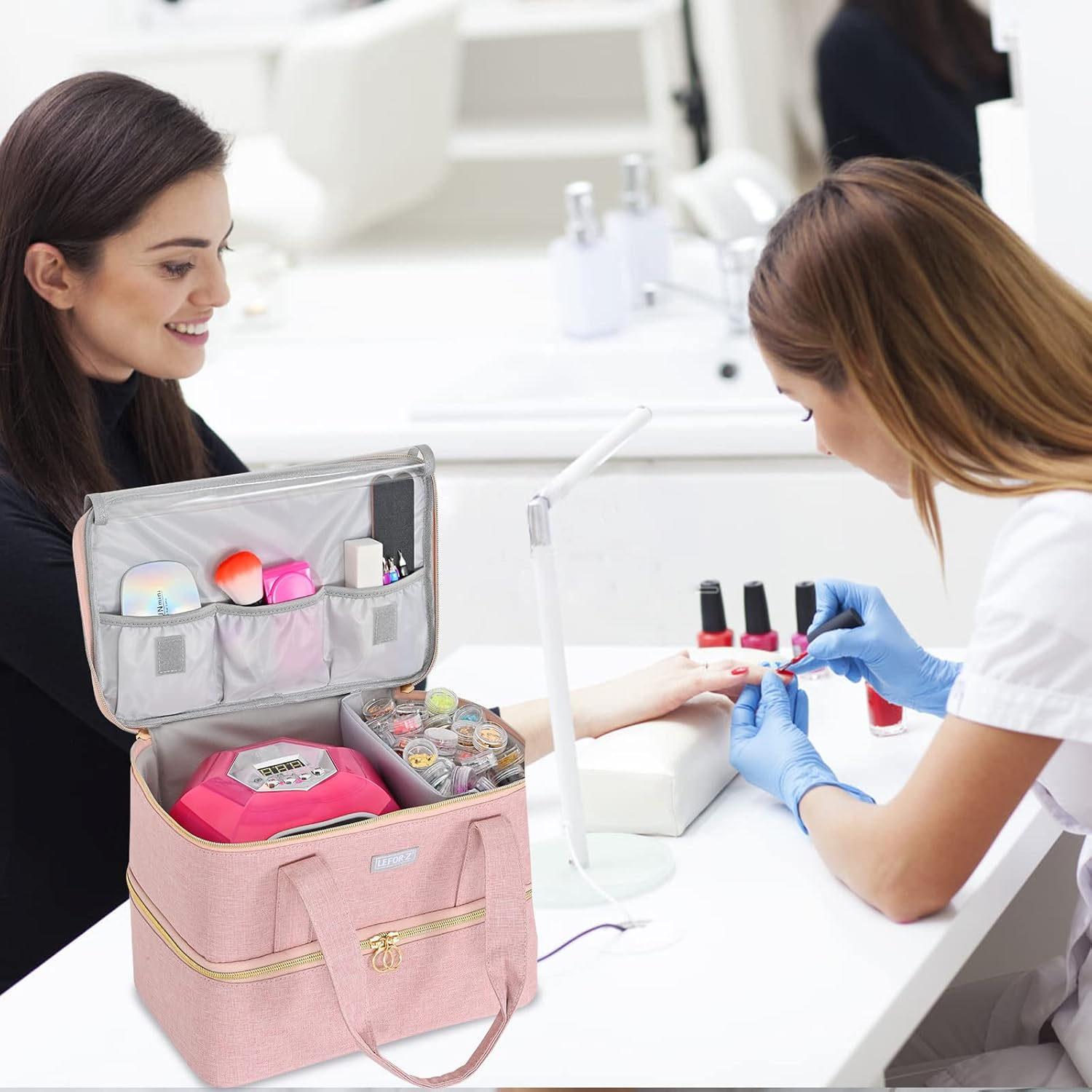 Nail Polish Organizer,Double-Layer Nail Organizers and Storage for Nail Tech,Nail Polish Carrying Case Bag Holds 40 Bottles (15Ml-0.5 Fl.Oz) and Nail Lamp,Portable Nail Polish Holder for Nail Supplies image number 5